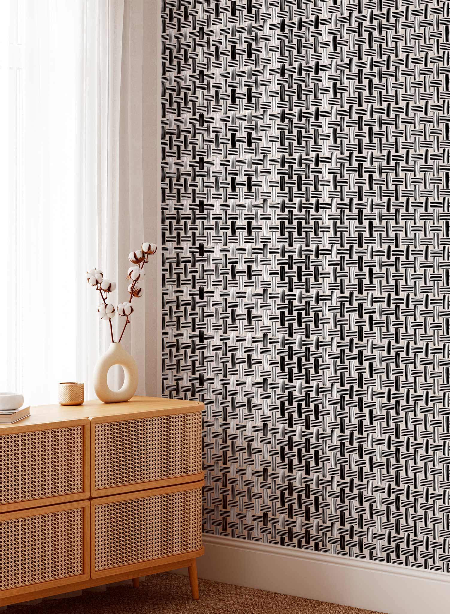 Basket Case is a minimalist wallpaper by Opposite Wall of a basket weave pattern.