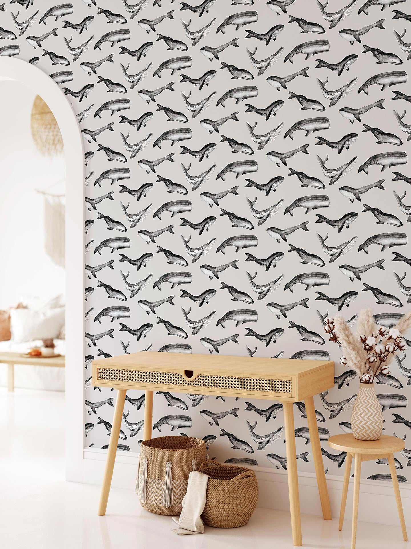 Whale Tale is a minimalist wallpaper by Opposite Wall of a collection of various whale types.