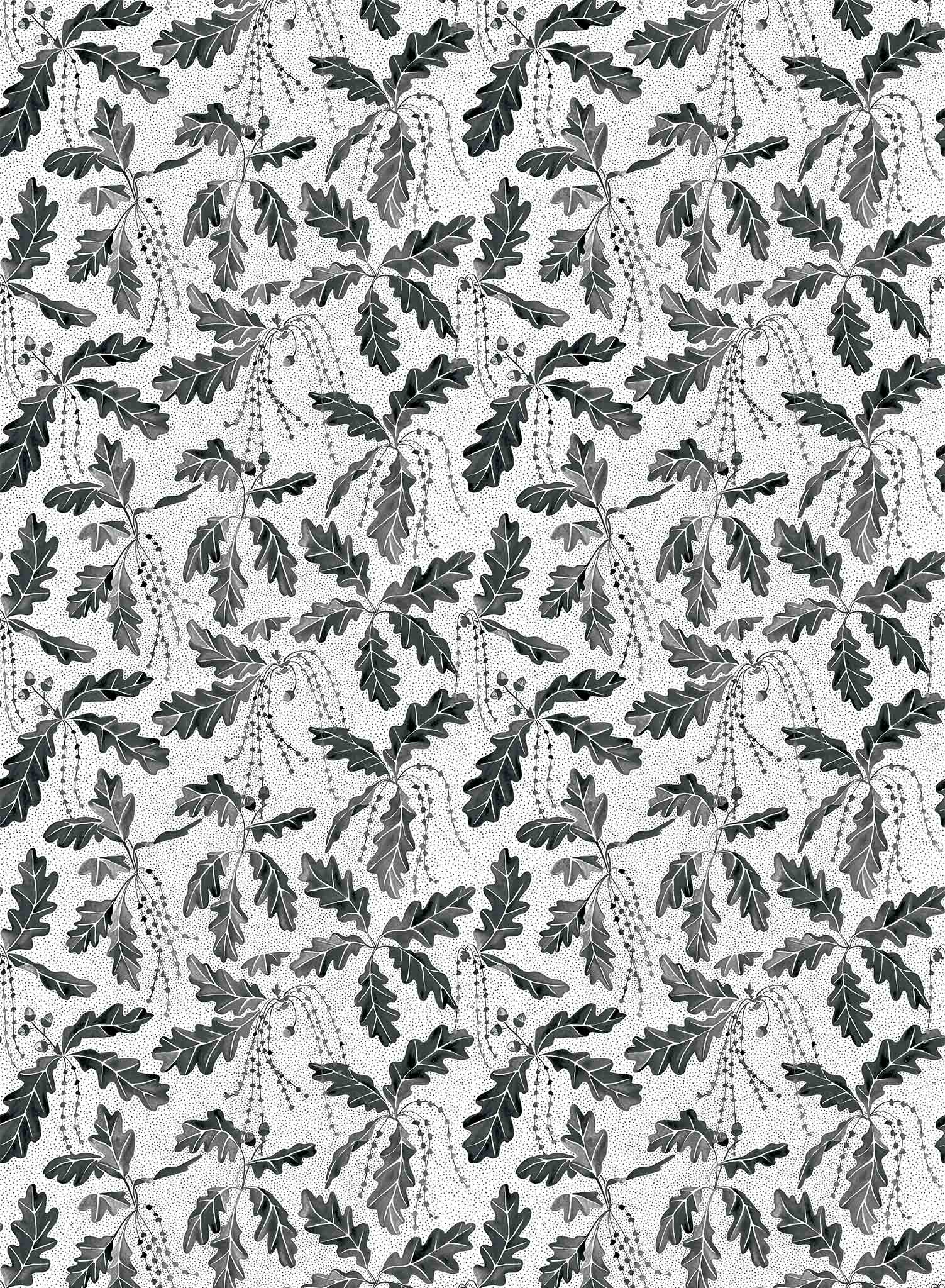 Oak Catkin is a minimalist wallpaper by Opposite Wall of leaves and catkins of oak trees.