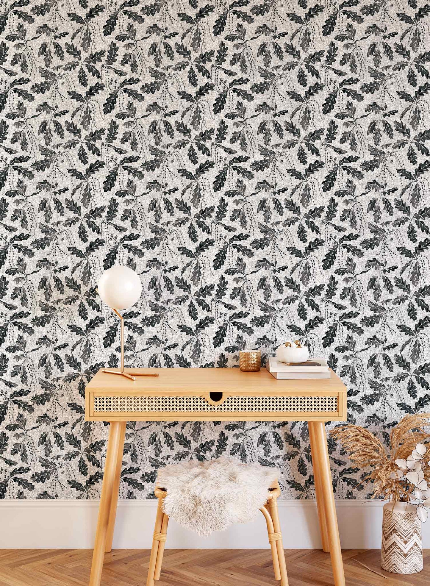 Oak Catkin is a minimalist wallpaper by Opposite Wall of leaves and catkins of oak trees.