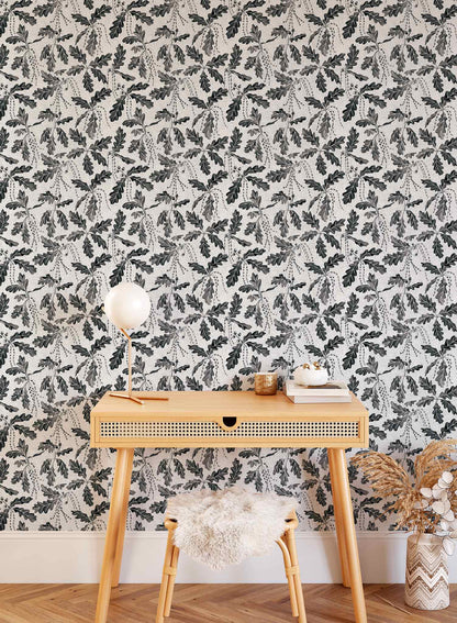 Oak Catkin is a minimalist wallpaper by Opposite Wall of leaves and catkins of oak trees.