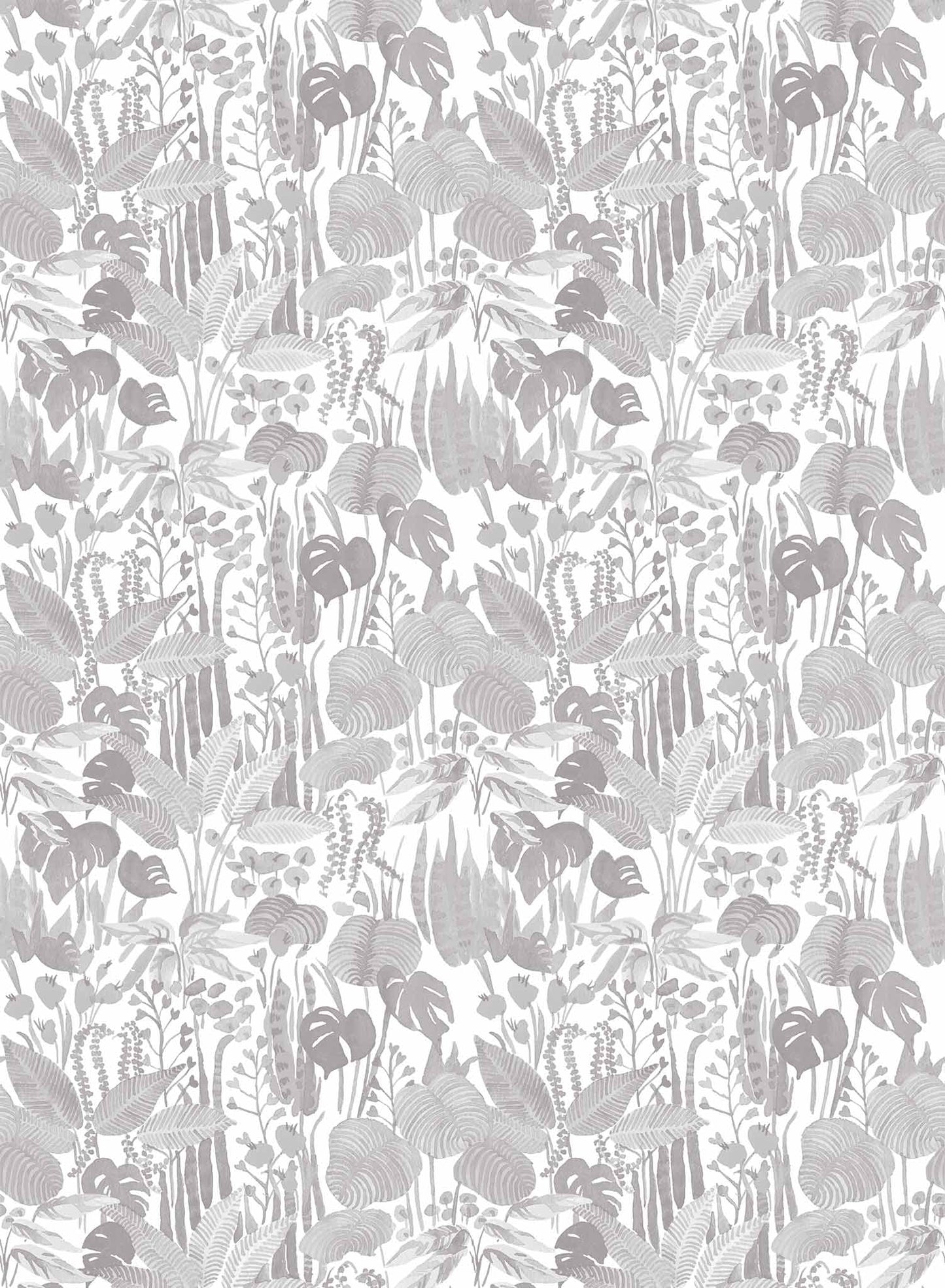 Tropicalia is a minimalist wallpaper by Opposite Wall of a variety of tropical plant leaves.