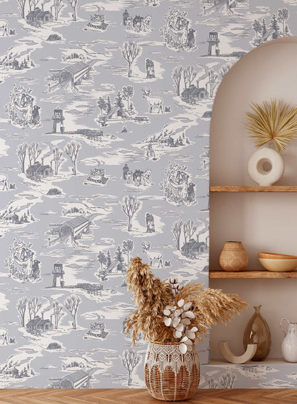 Folklore is a minimalist wallpaper by Opposite Wall of drawings of typical Canadian sightings.