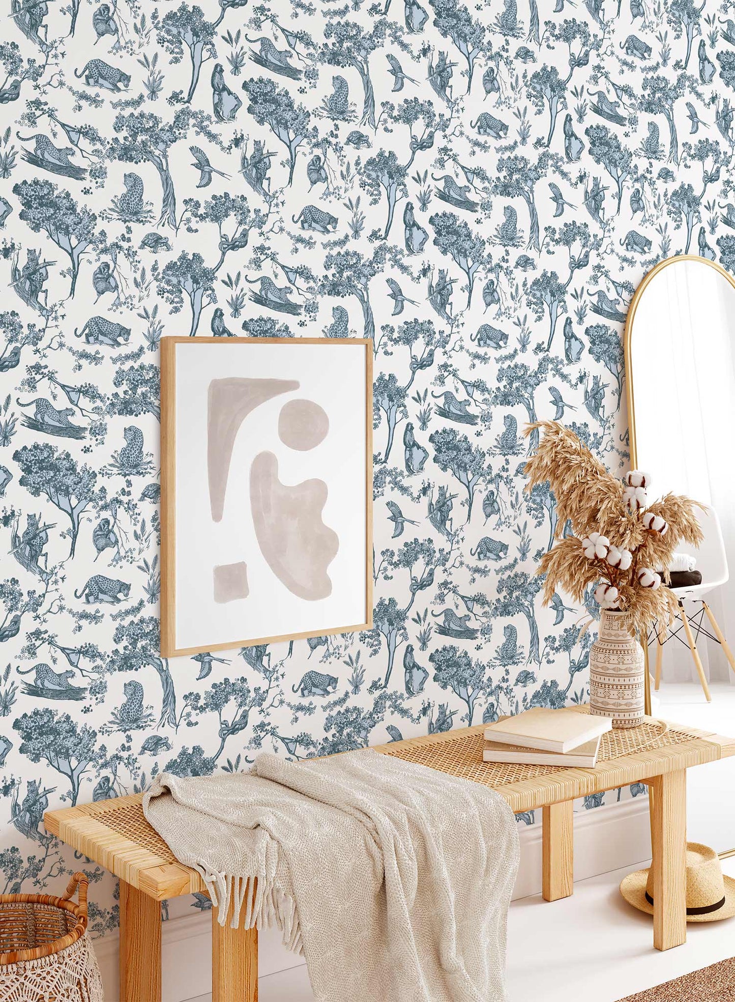 Underwood is a minimalist wallpaper by Opposite Wall of various animals and greenery found in the jungle.