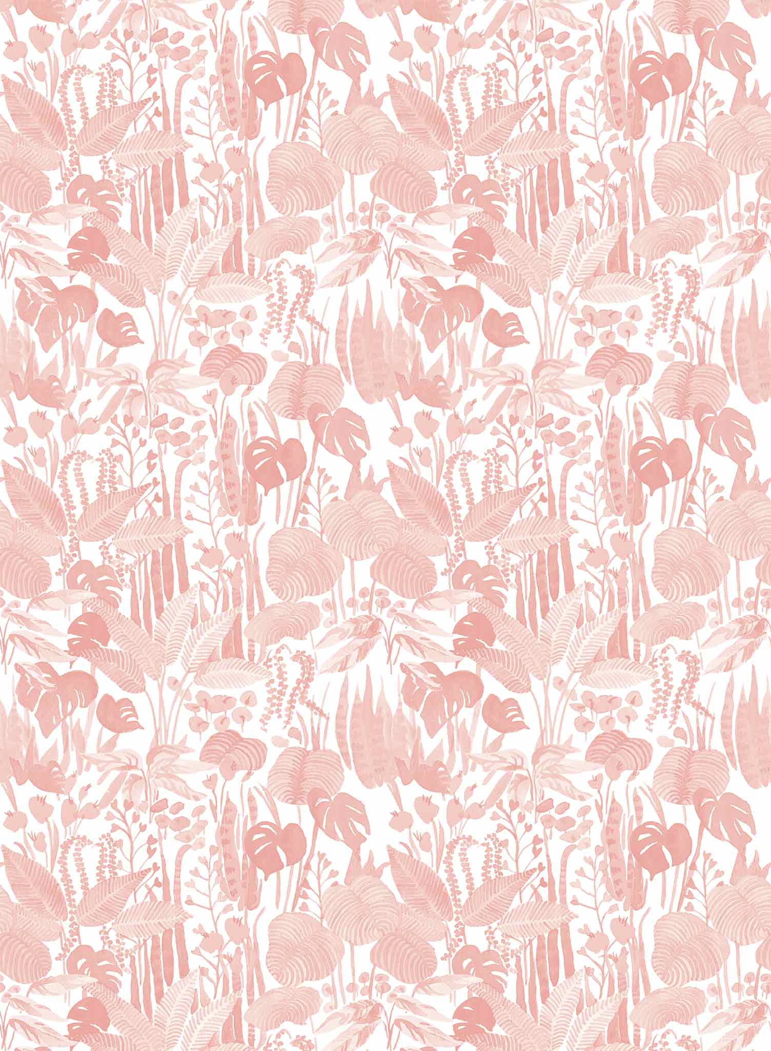 Tropicalia is a minimalist wallpaper by Opposite Wall of a variety of tropical plant leaves.