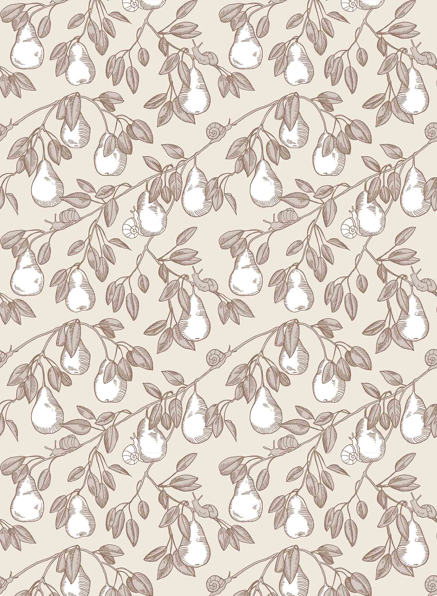 Pear Picking is a minimalist wallpaper by Opposite Wall of a series of pears hanging from its tree.