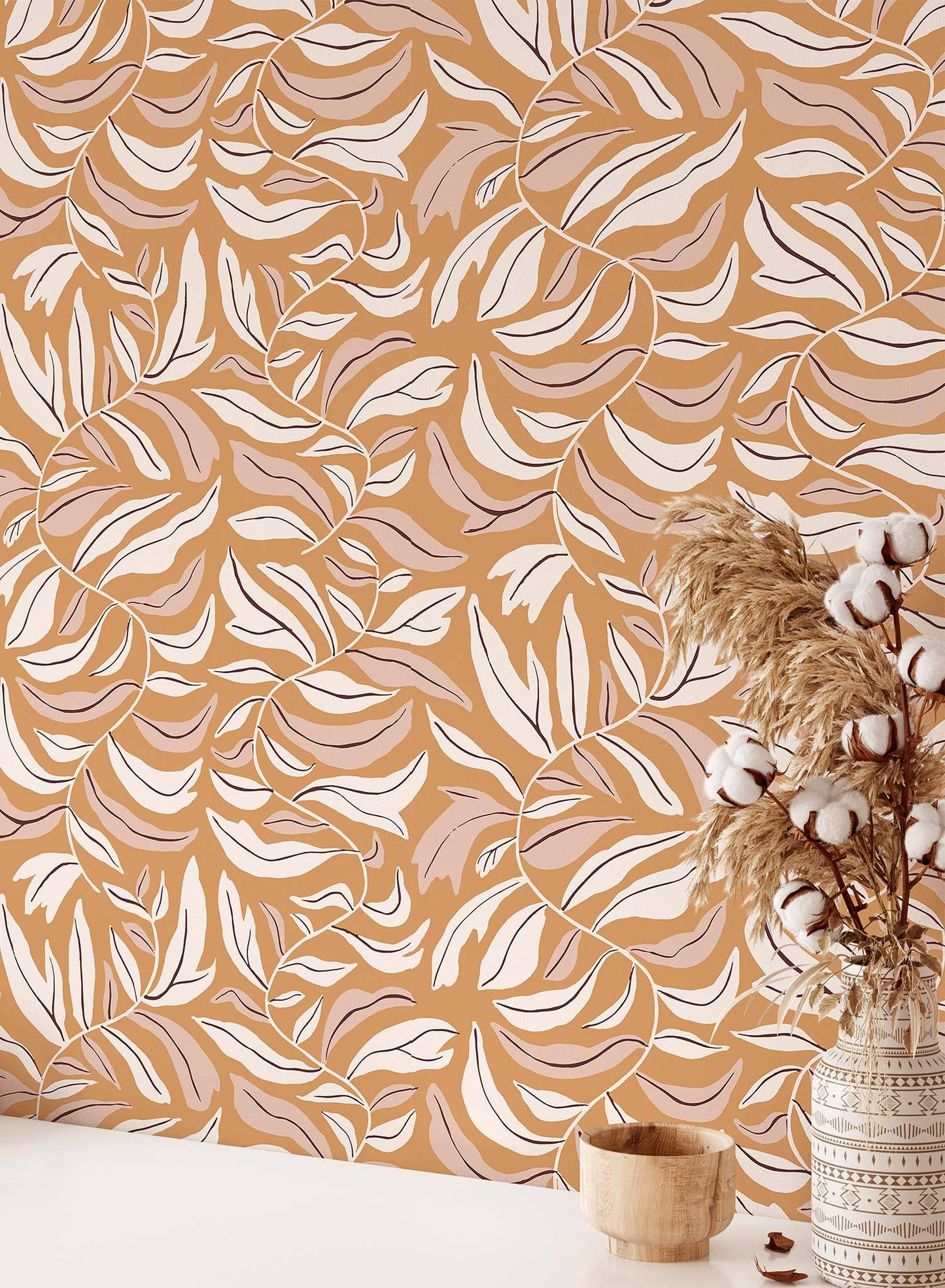 Spring Garland is a minimalist wallpaper by Opposite Wall of squiggly branches with leaves.