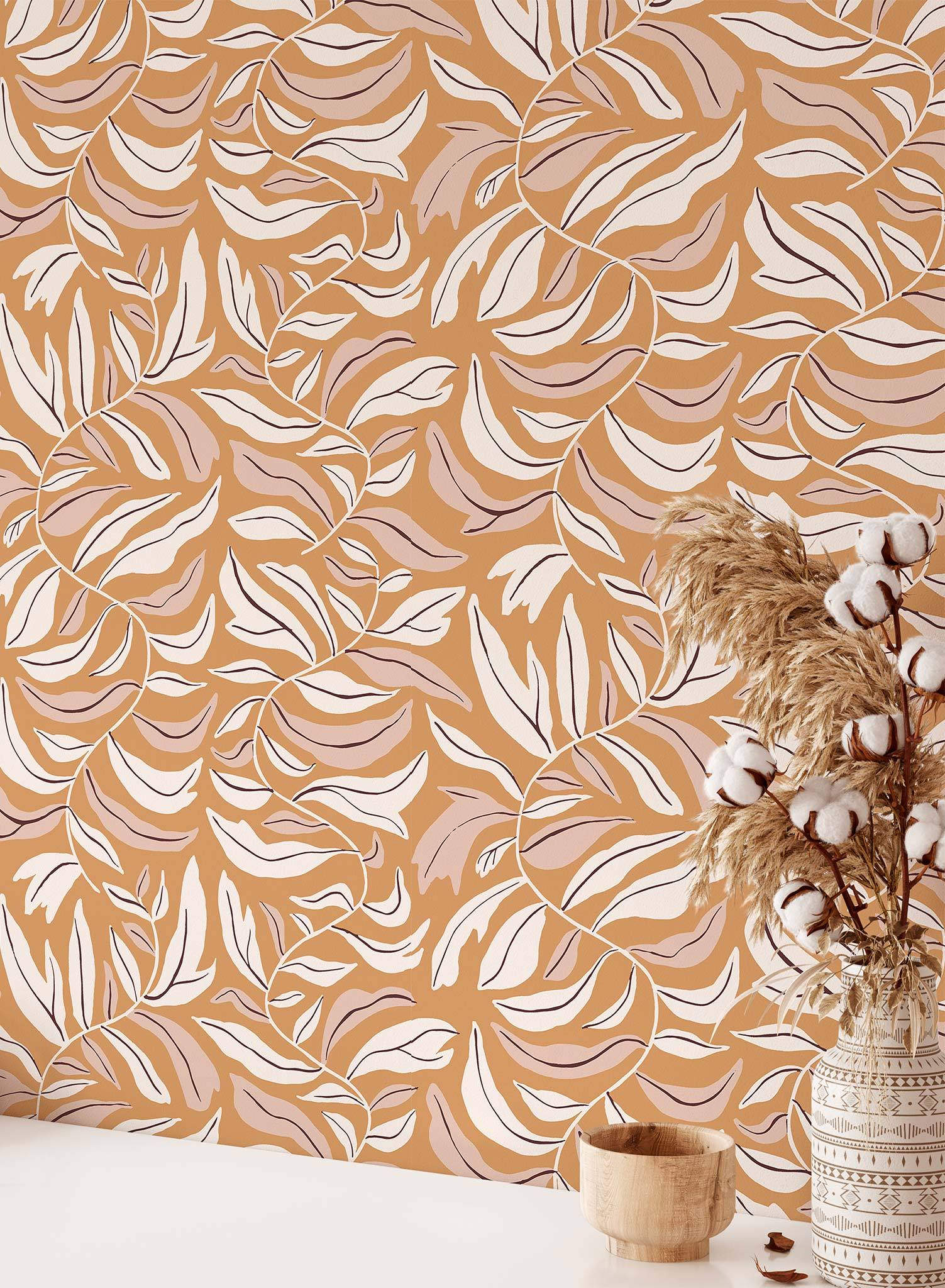 Spring Garland is a minimalist wallpaper by Opposite Wall of squiggly branches with leaves.