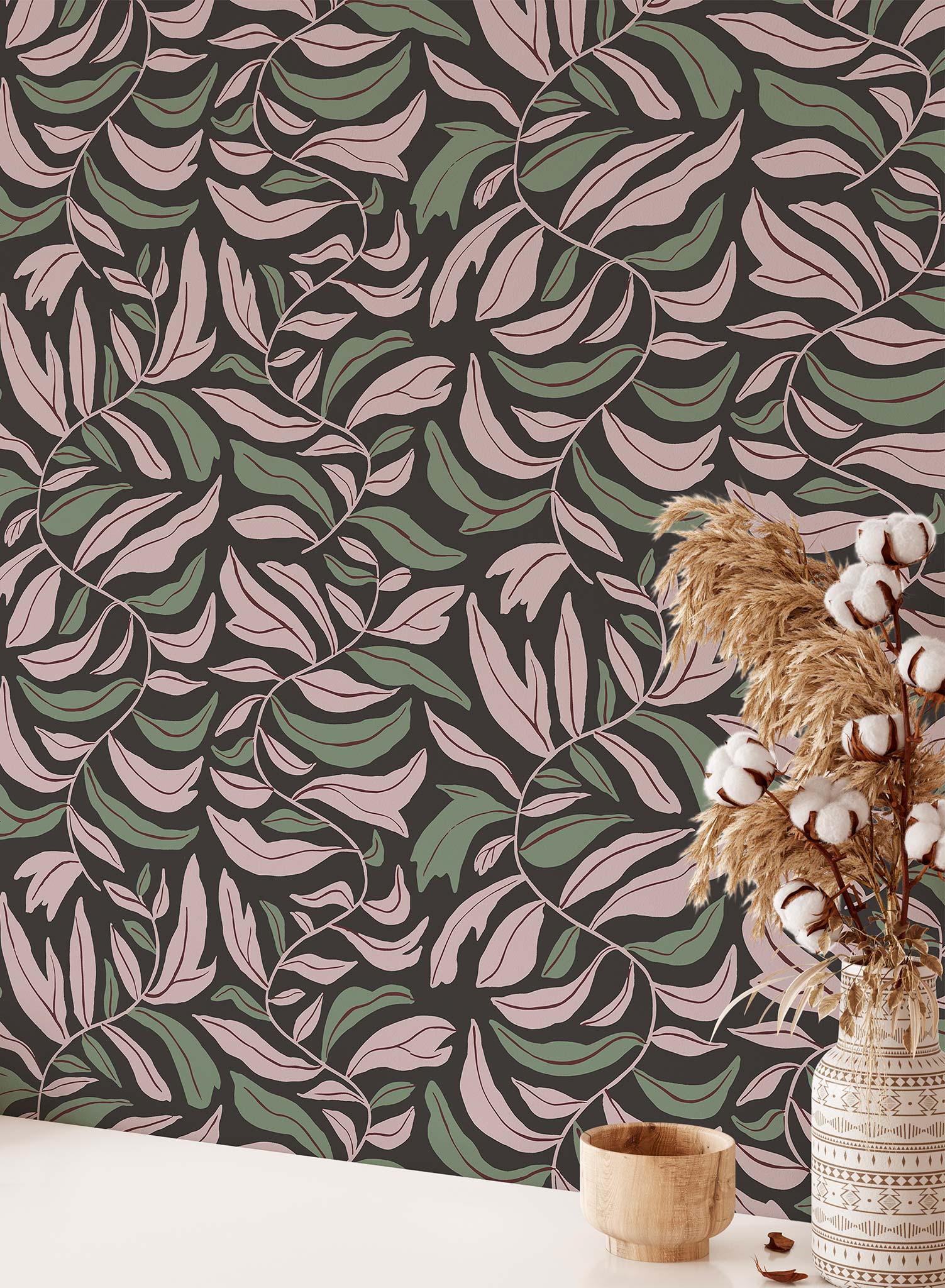 Spring Garland is a minimalist wallpaper by Opposite Wall of squiggly branches with leaves.