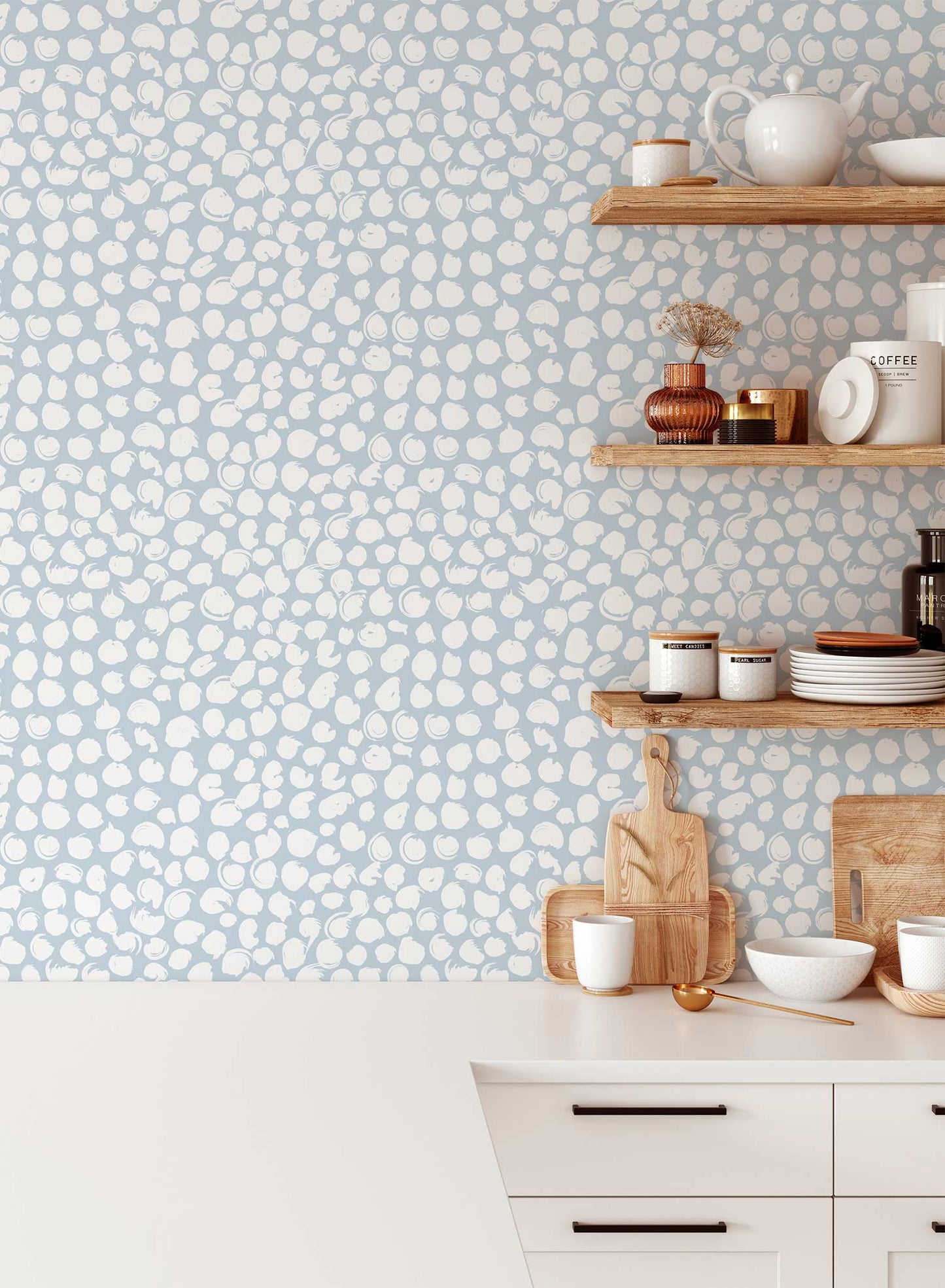 On the Dot is a minimalist wallpaper by Opposite Wall of imperfect dots of different sizes and looks.