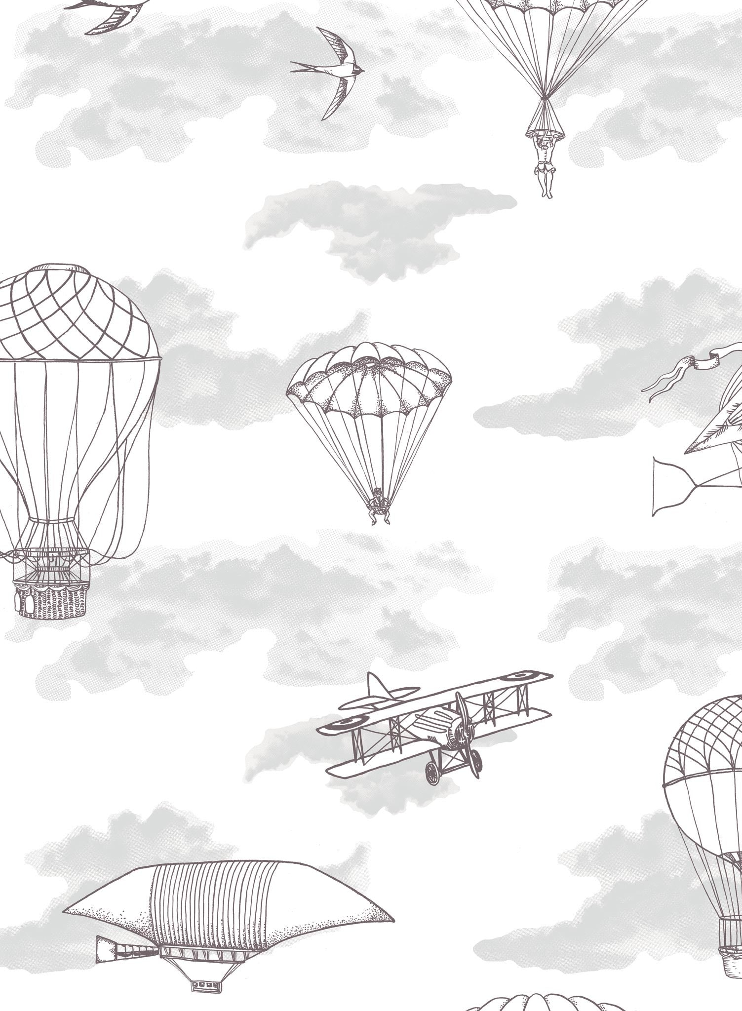 Fantastic Voyages is a minimalist wallpaper by Opposite Wall of a flying planes & hot air balloon