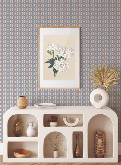 Idyll is a minimalist wallpaper by Opposite Wall of vertical garlands of pointed oval shapes.