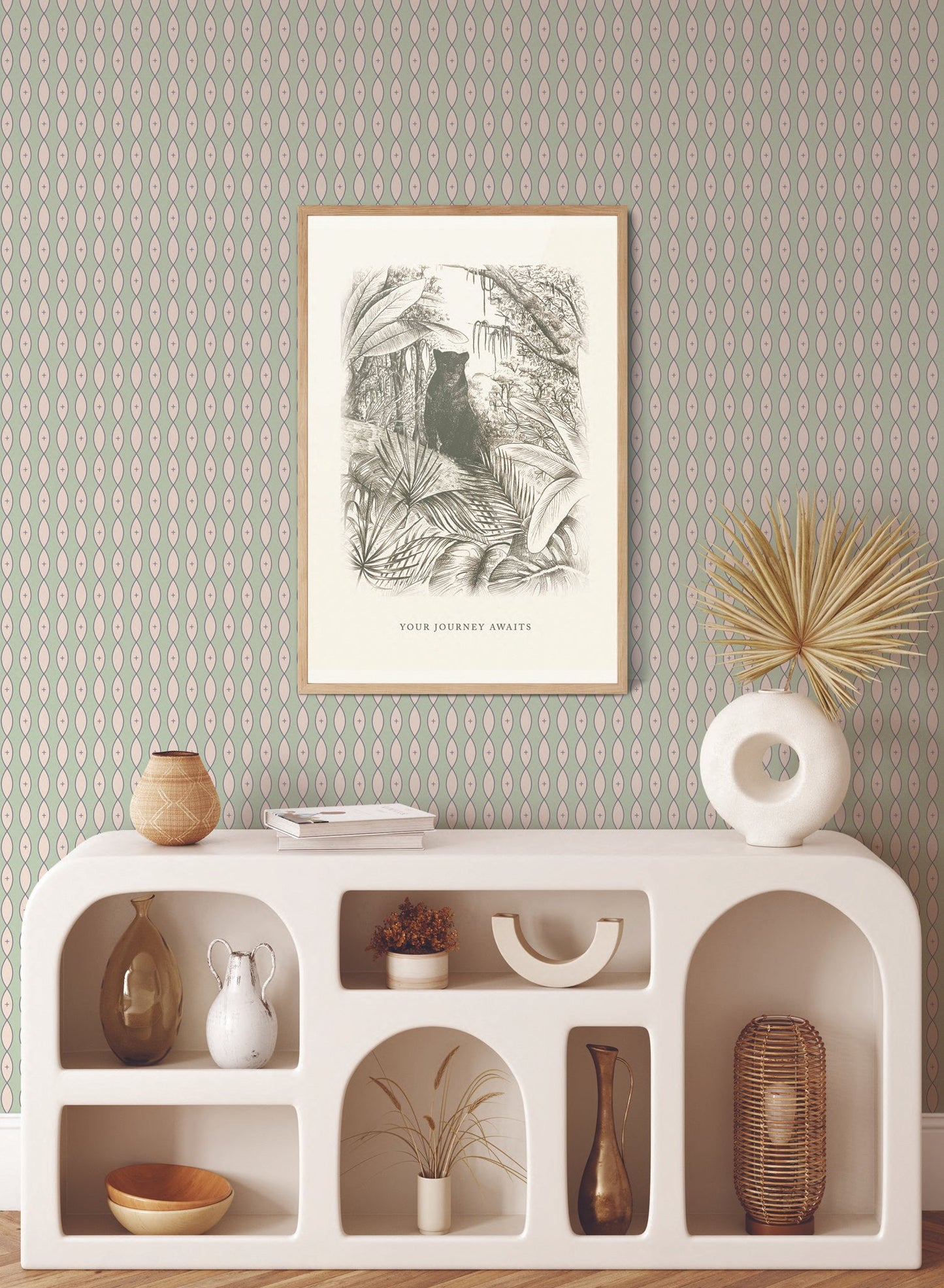 Idyll is a minimalist wallpaper by Opposite Wall of vertical garlands of pointed oval shapes.