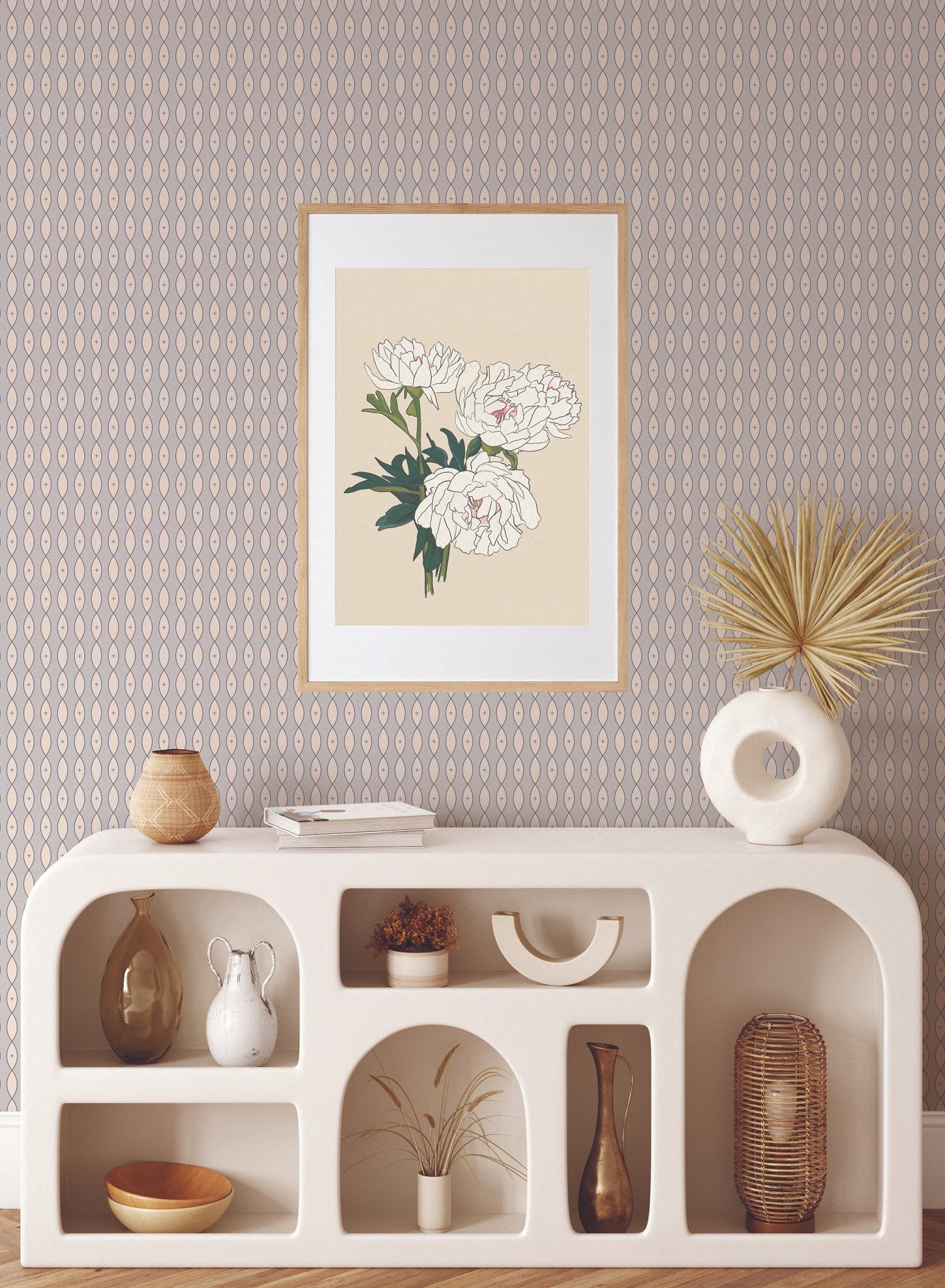 Idyll is a minimalist wallpaper by Opposite Wall of vertical garlands of pointed oval shapes.