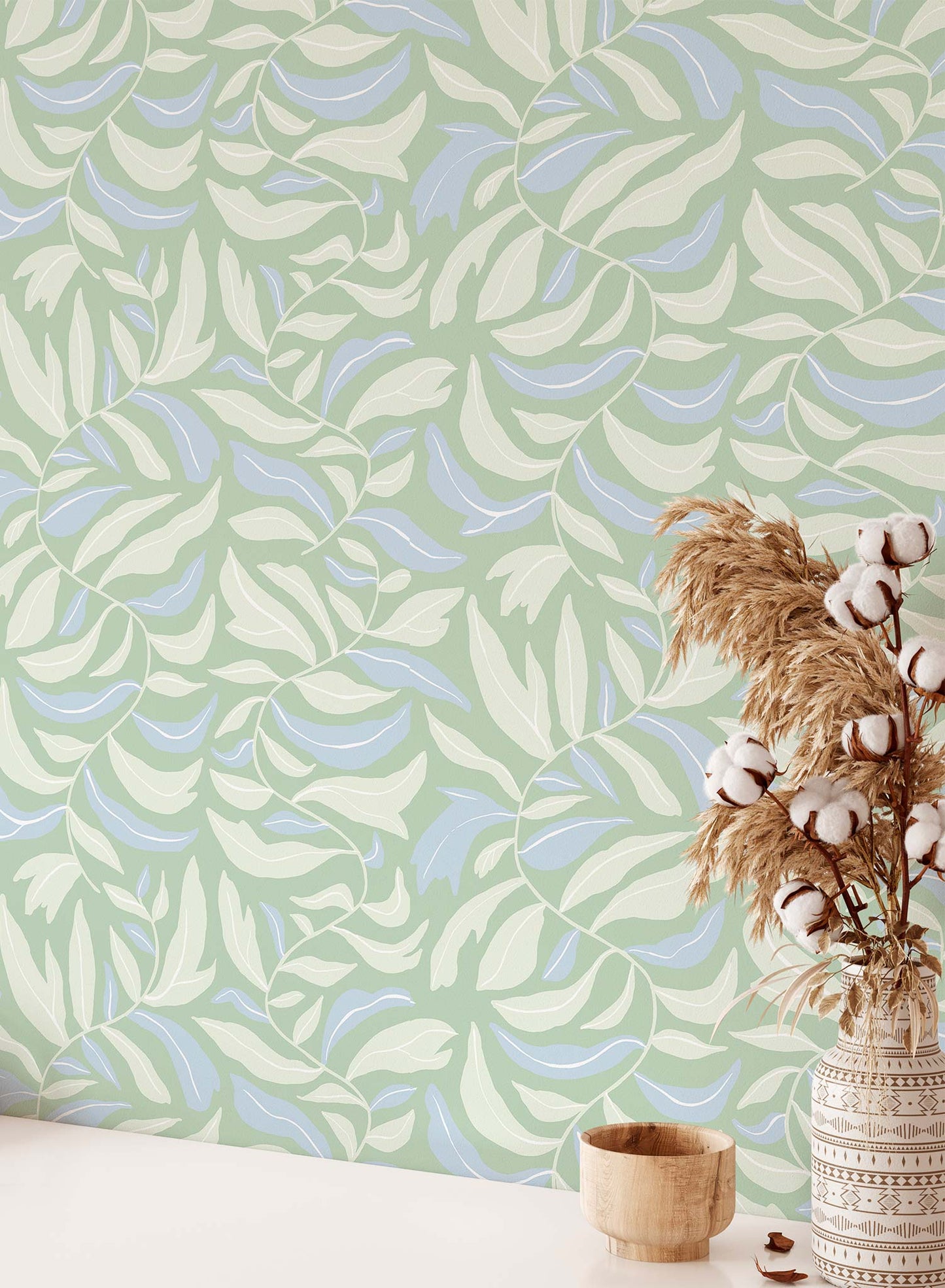 Spring Garland is a minimalist wallpaper by Opposite Wall of squiggly branches with leaves.