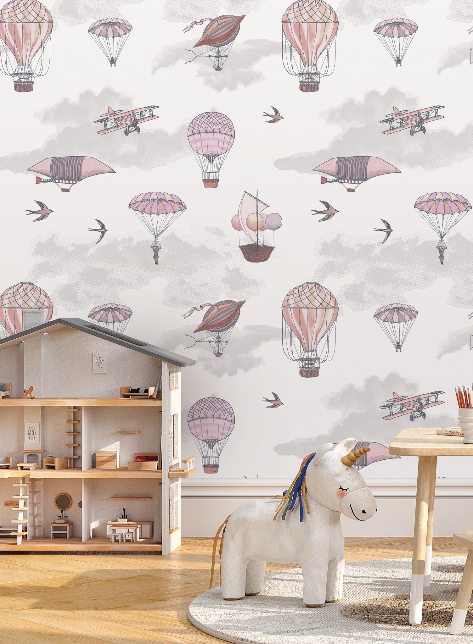 Fantastic Voyages is a minimalist wallpaper by Opposite Wall of a flying planes & hot air balloon