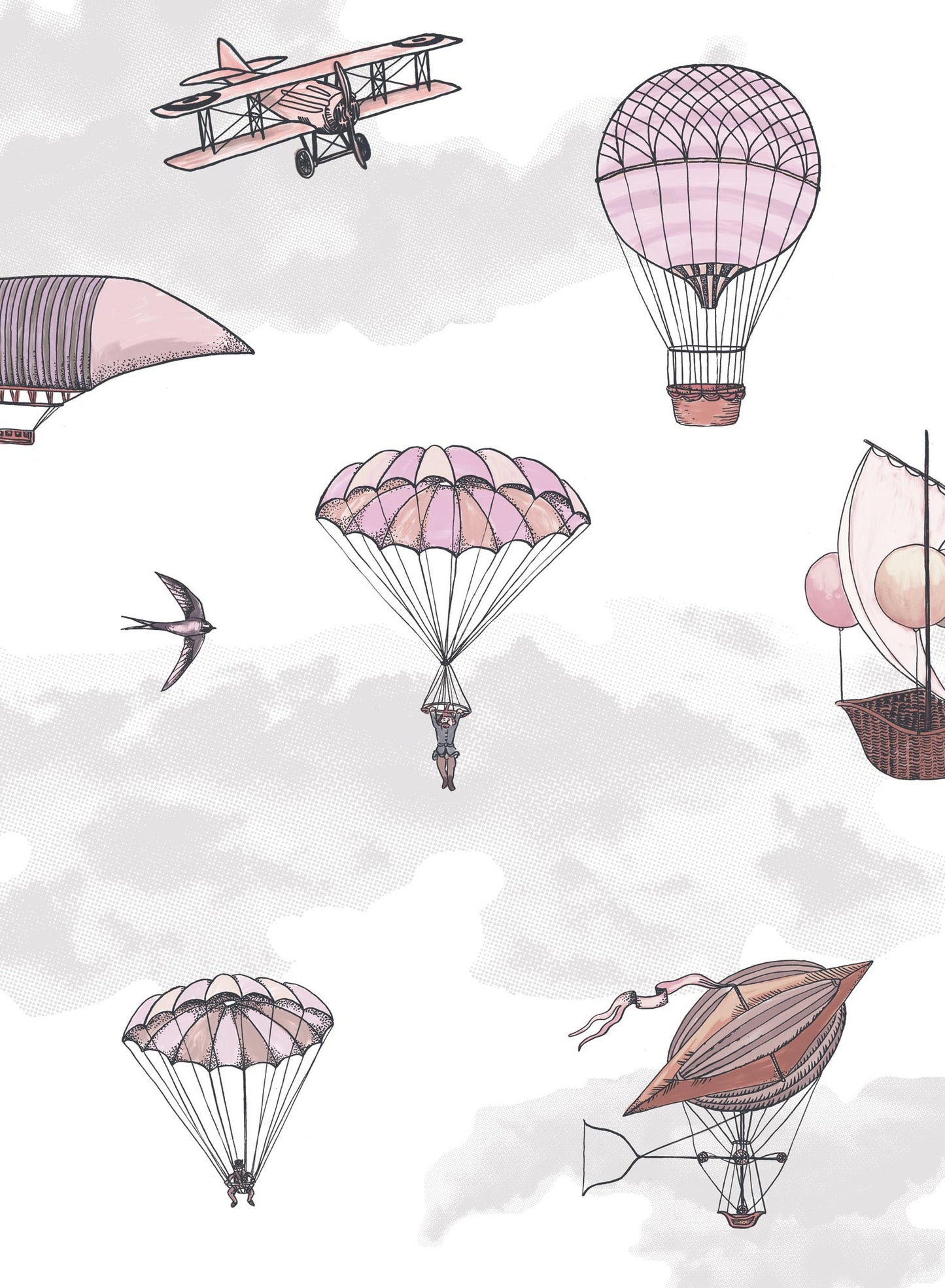 Fantastic Voyages is a minimalist wallpaper by Opposite Wall of a flying planes & hot air balloon