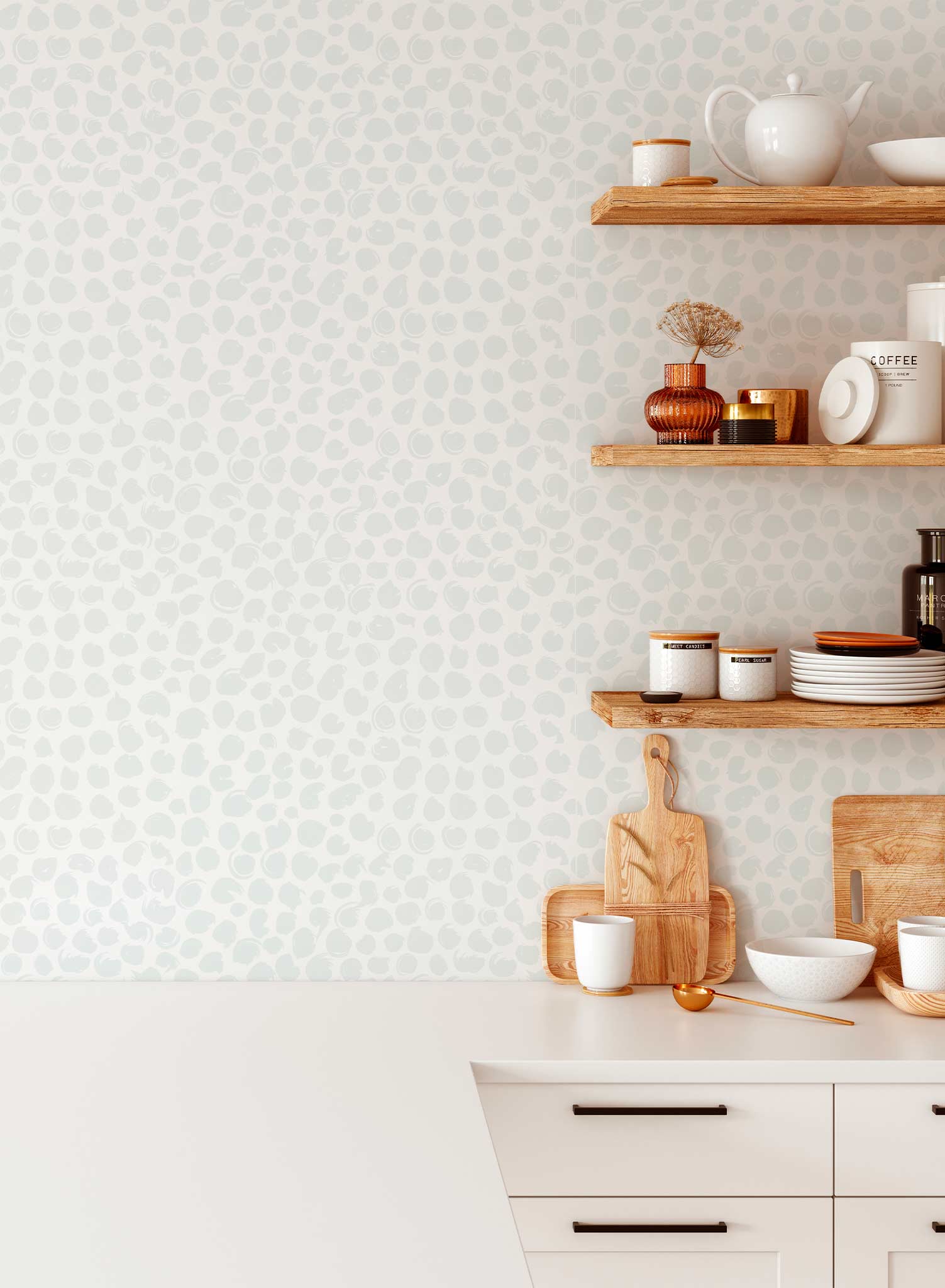 On the Dot is a minimalist wallpaper by Opposite Wall of imperfect dots of different sizes and looks.