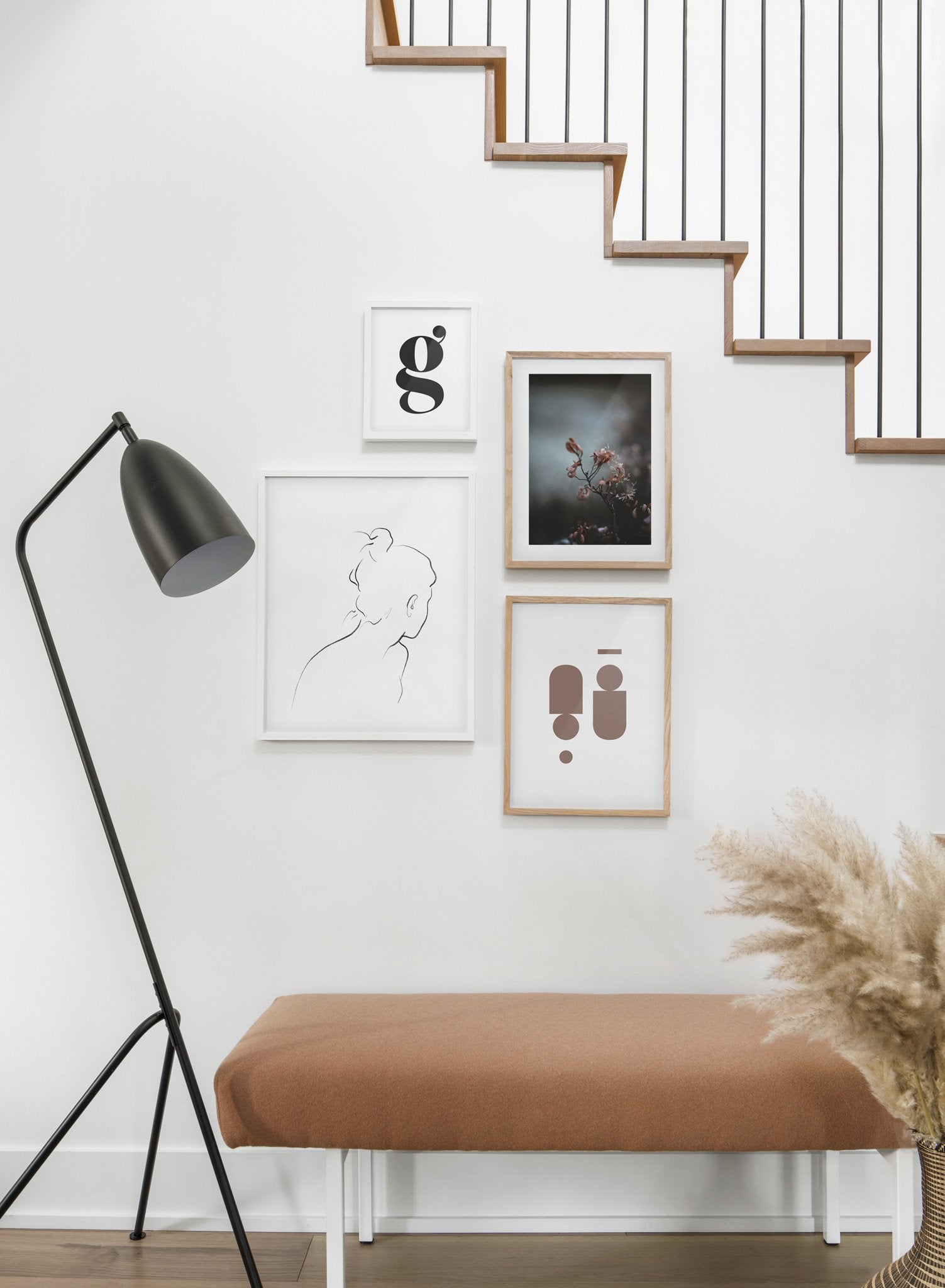 minimalist art print by Opposite Wall with trendy design of Near symmetry in sepia - Hallway with a gallery wall quadruple