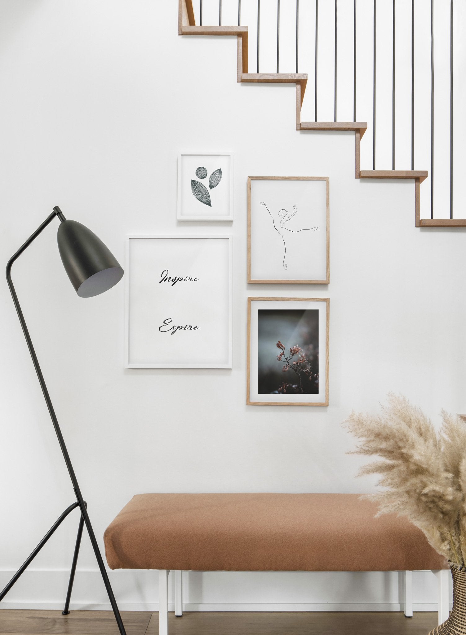 Scandinavian poster by Opposite Wall with black and white graphic typography design of Inspire Expire - Hallway with a stairecase