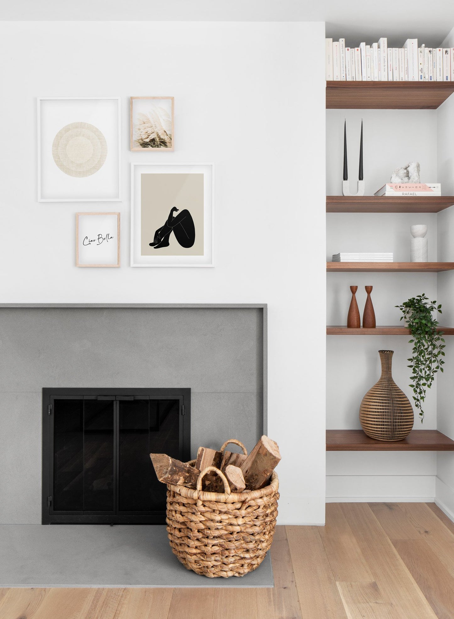 Minimalist art print by Opposite Wall with trendy design of a woman silhouette - Living room with a fireplace