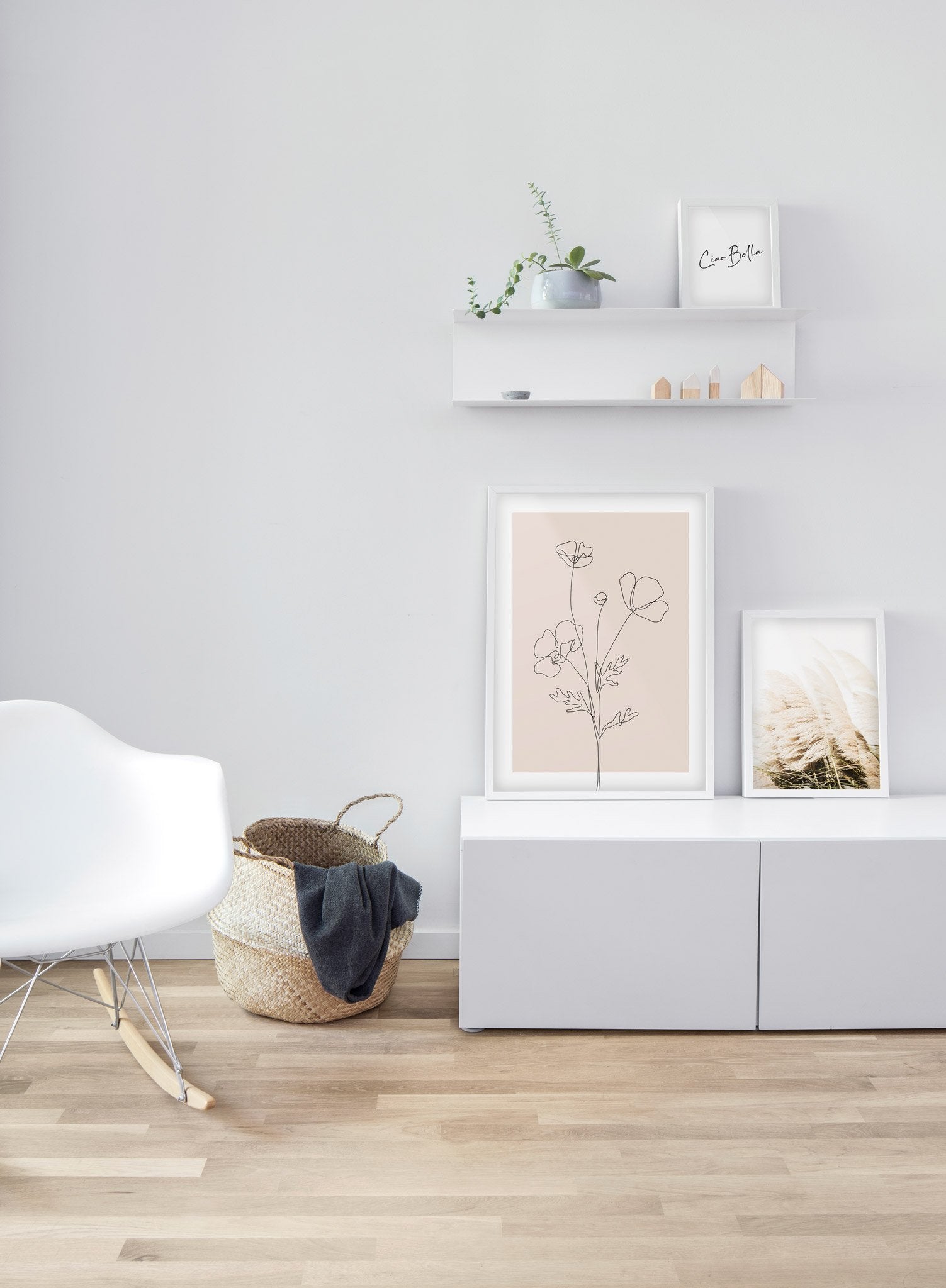 Modern minimalist poster by Opposite Wall with abstract illustration line art of Poppy Sketch in Pink  - Living room