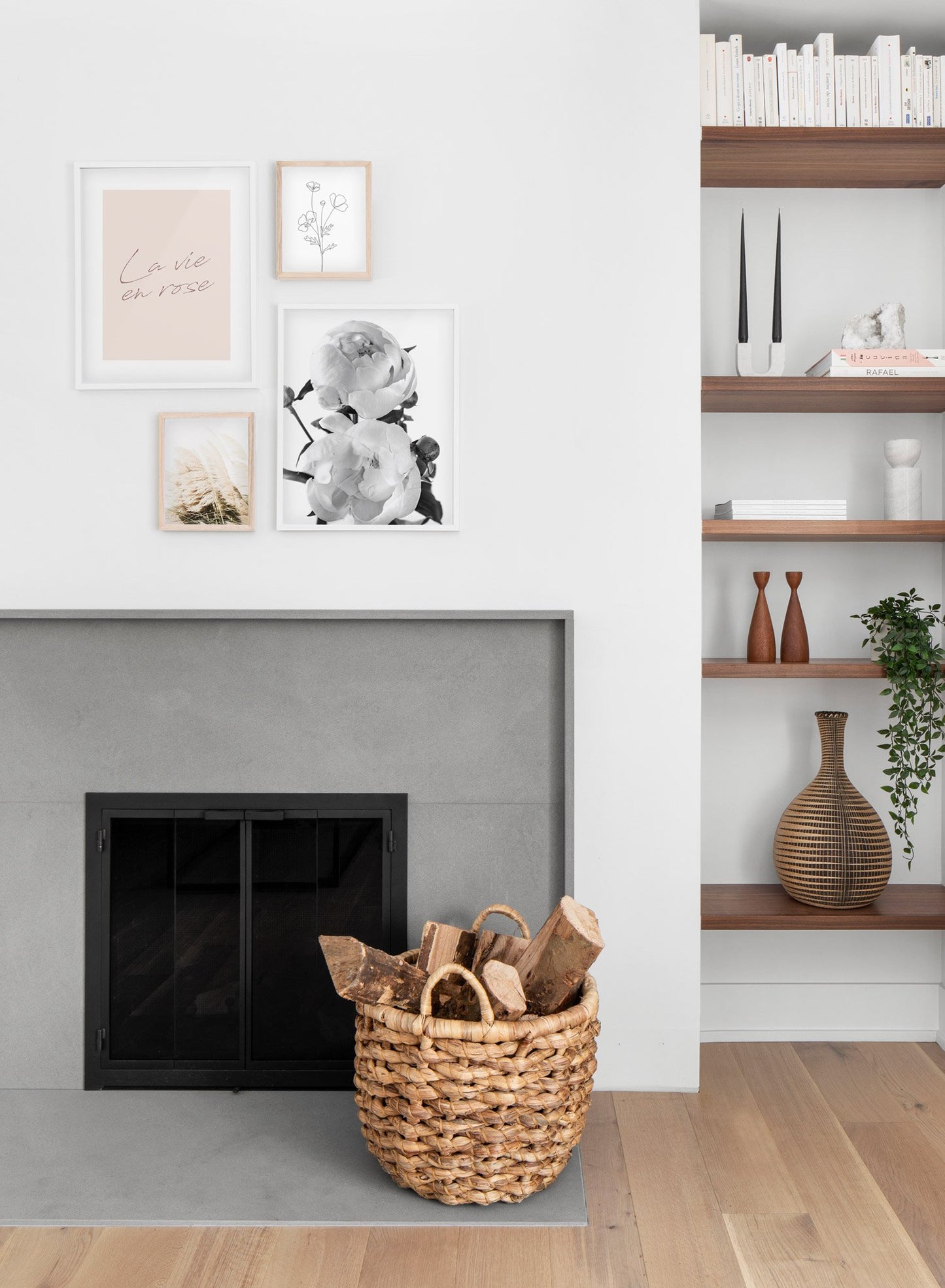 Scandinavian poster by Opposite Wall with trendy La Vie en rose in Pink - Living room with a fireplace - Wall gallery