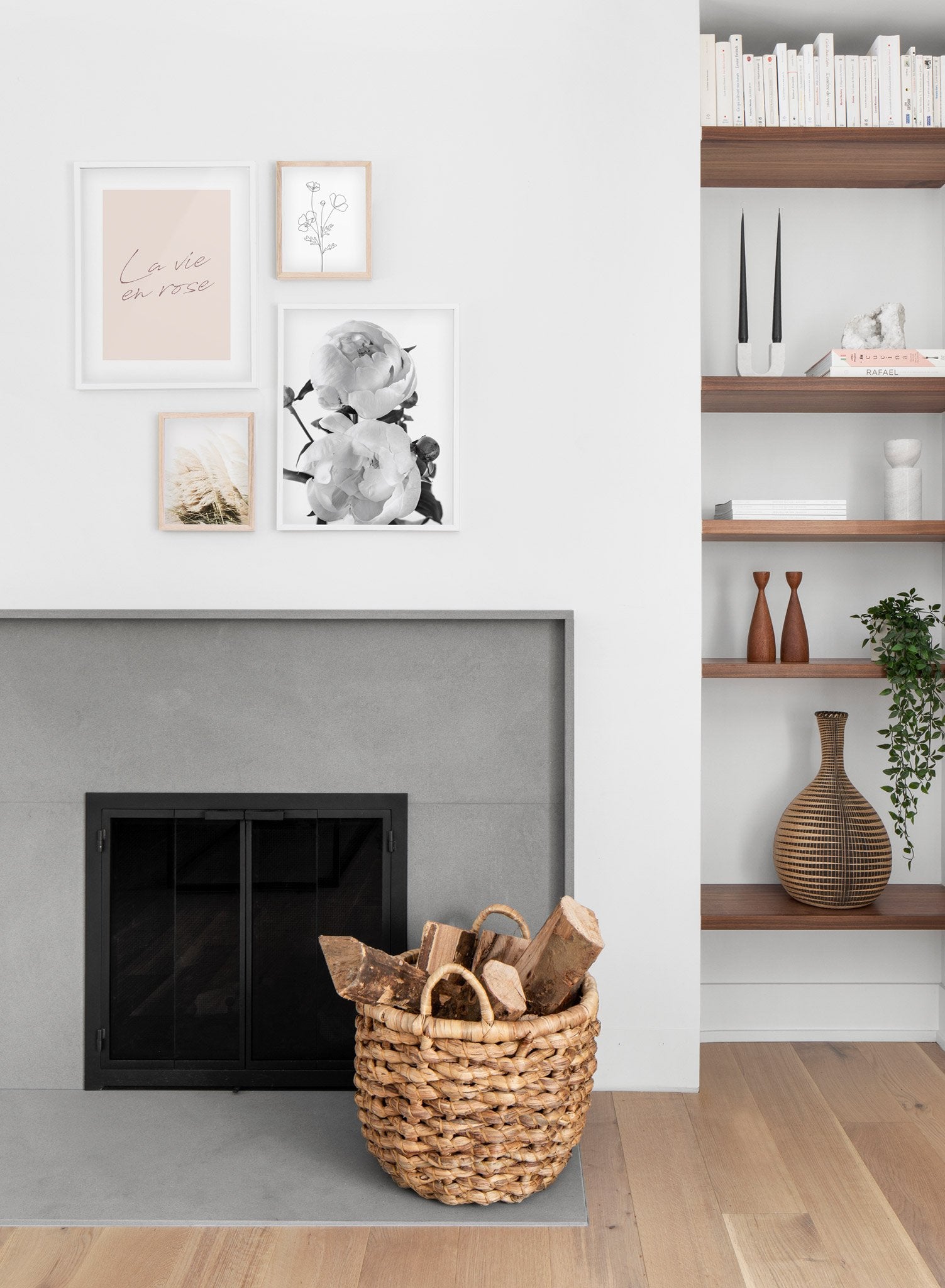 Scandinavian poster by Opposite Wall with trendy La Vie en rose in Pink - Living room with a fireplace - Wall gallery