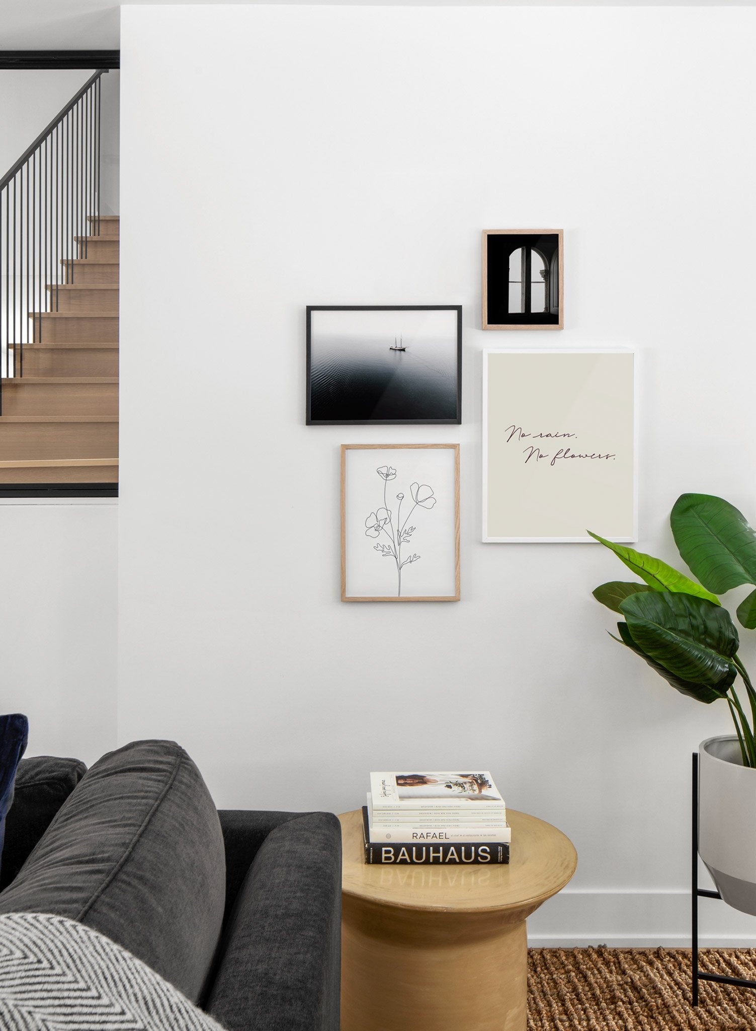 Scandinavian poster with graphic typography design of no rain, no flowers  - Living room
