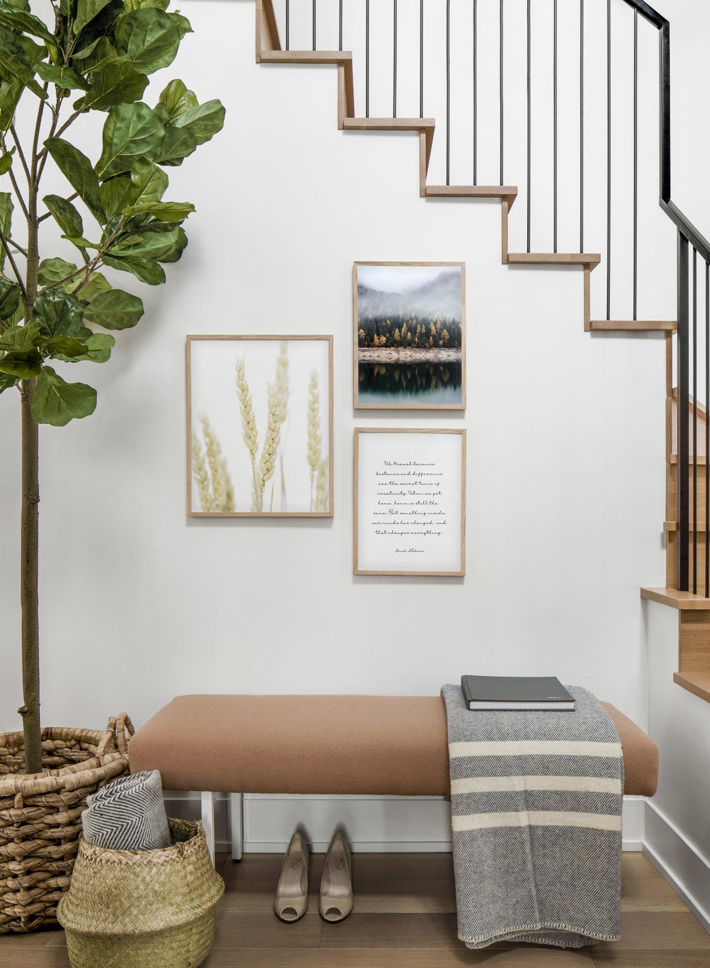 Minimalist wall art poster trio featuring Wheat botanical photography - Entryway