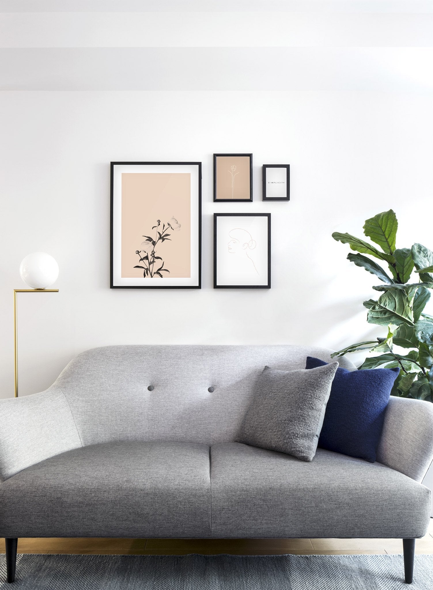 Scandinavian poster by Opposite Wall with trendy art photo of peonies - Romance in Beige - Living room couch