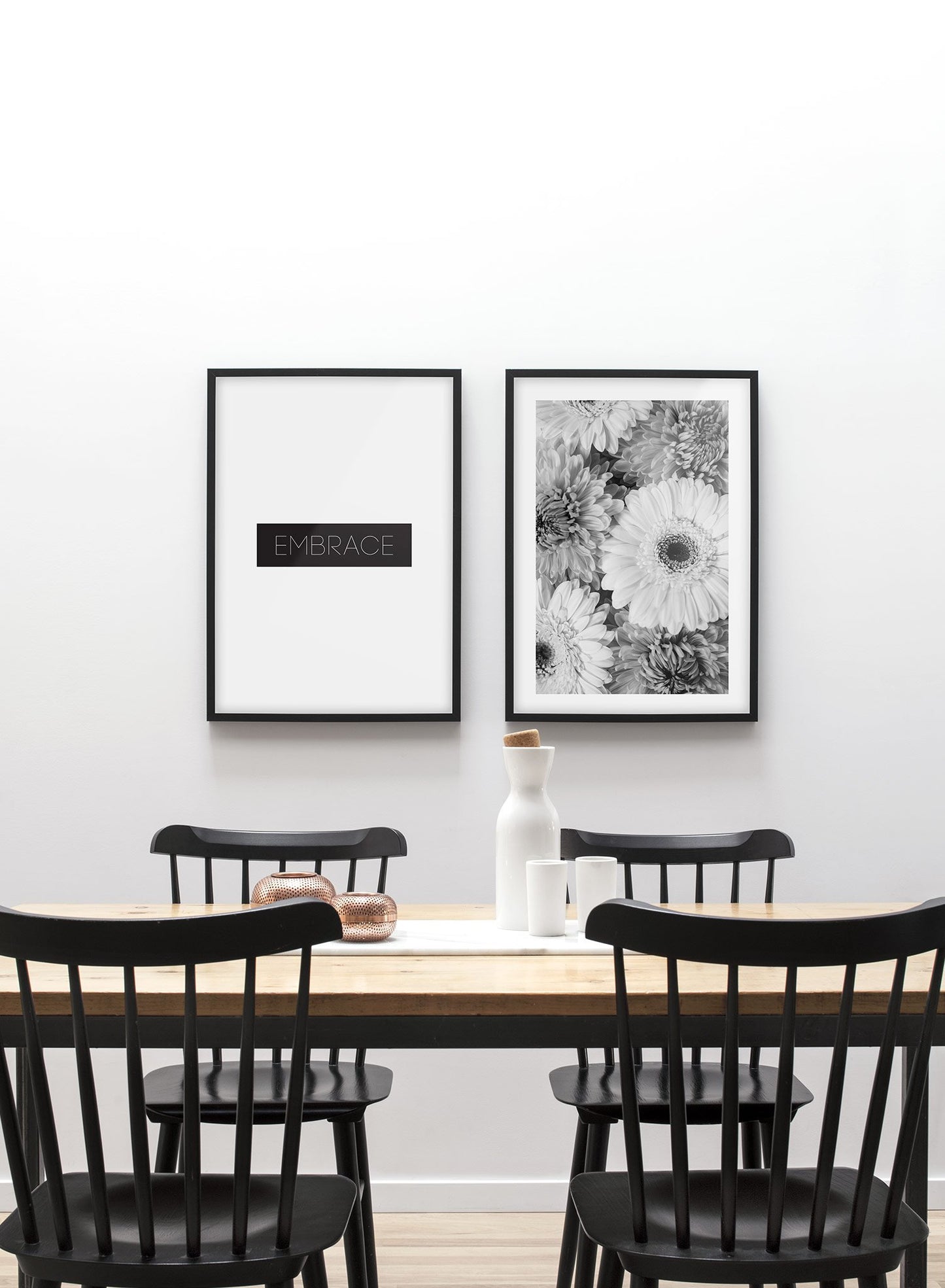 Scandinavian poster by Opposite Wall with black and white graphic typography design of Embrace - Dining Room - Gallery Duo