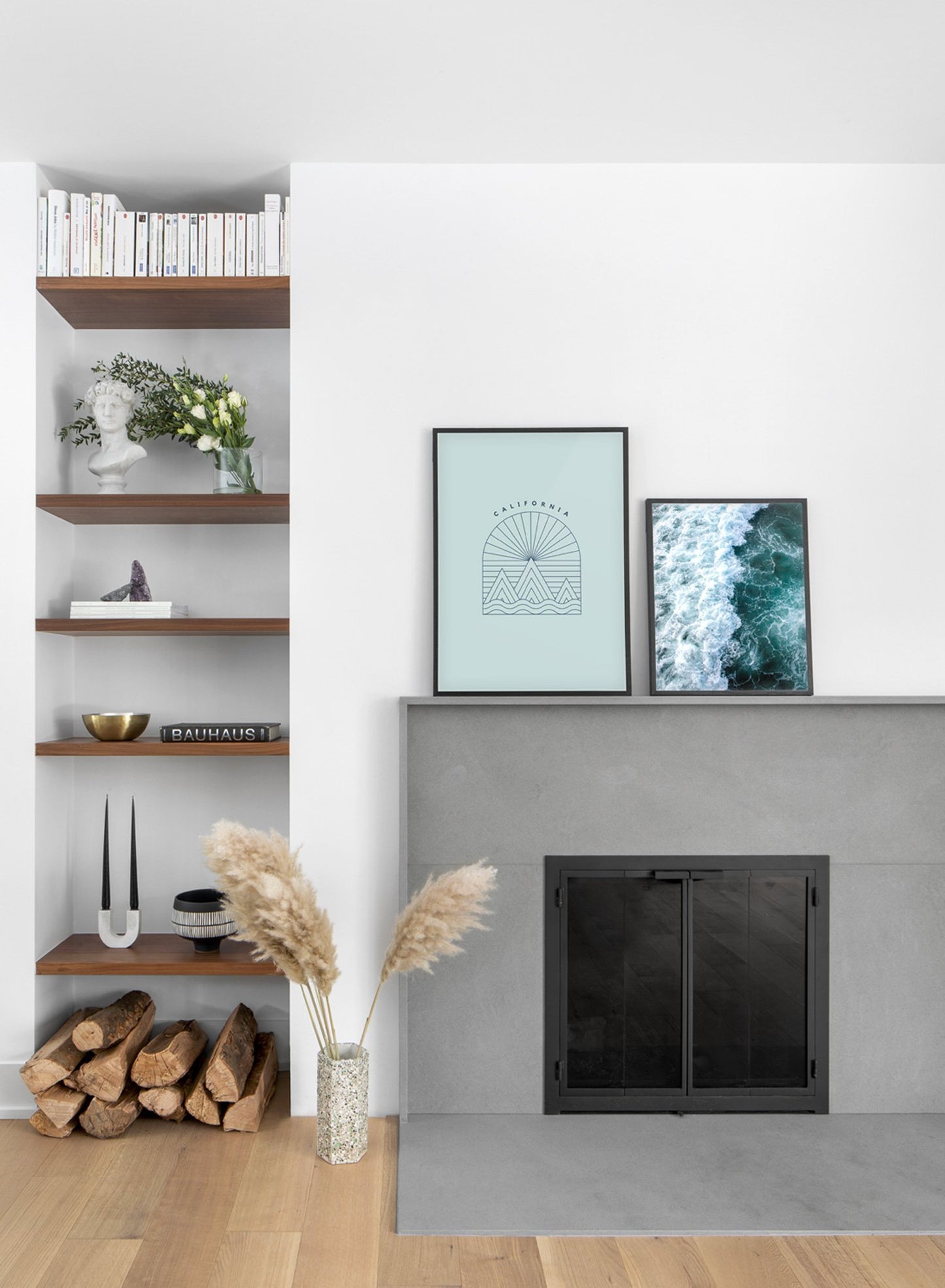 Cali Baby modern minimalist abstract design poster by Opposite Wall - Living room with fireplace