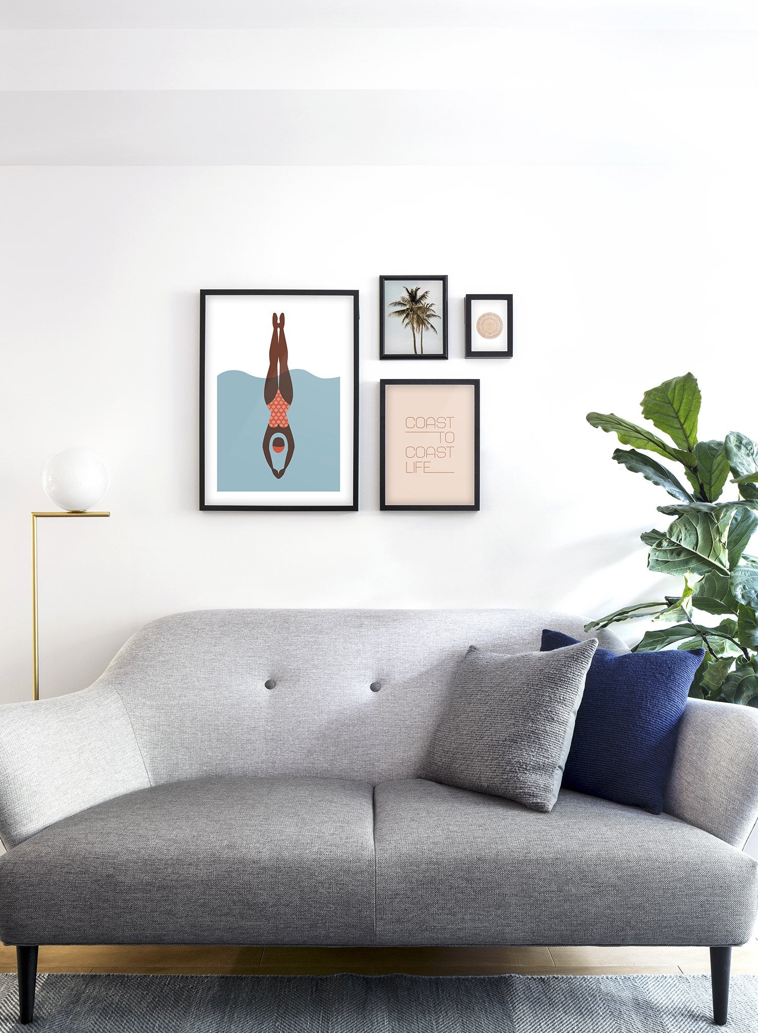 Mid-century modern illustration poster by Opposite Wall with person diving into water - Lifestyle Gallery - Living Room