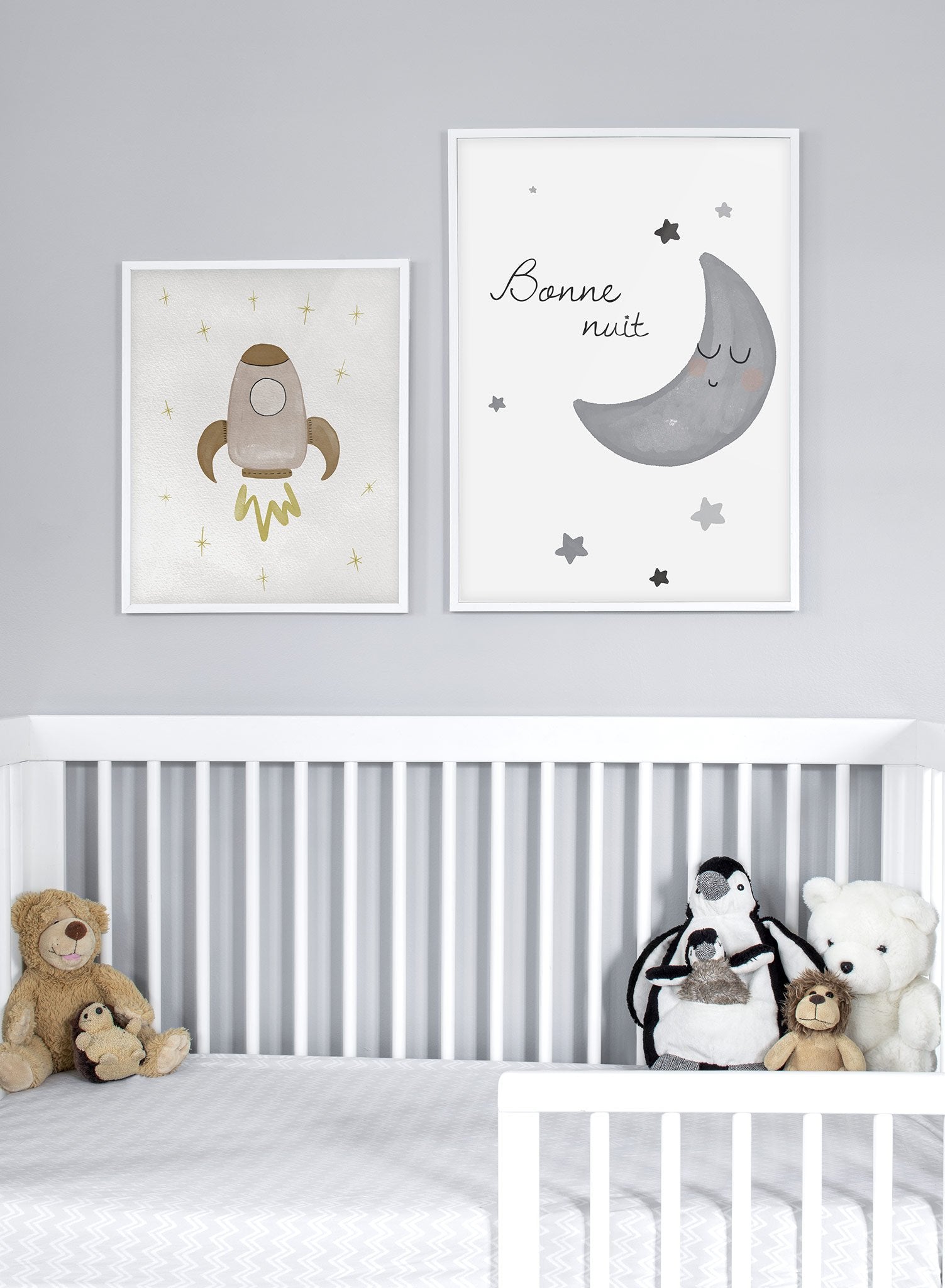 Kids nursery poster by Opposite Wall with watercolour moon and bonne nuit quote - Lifestyle Duo - Baby Nursery