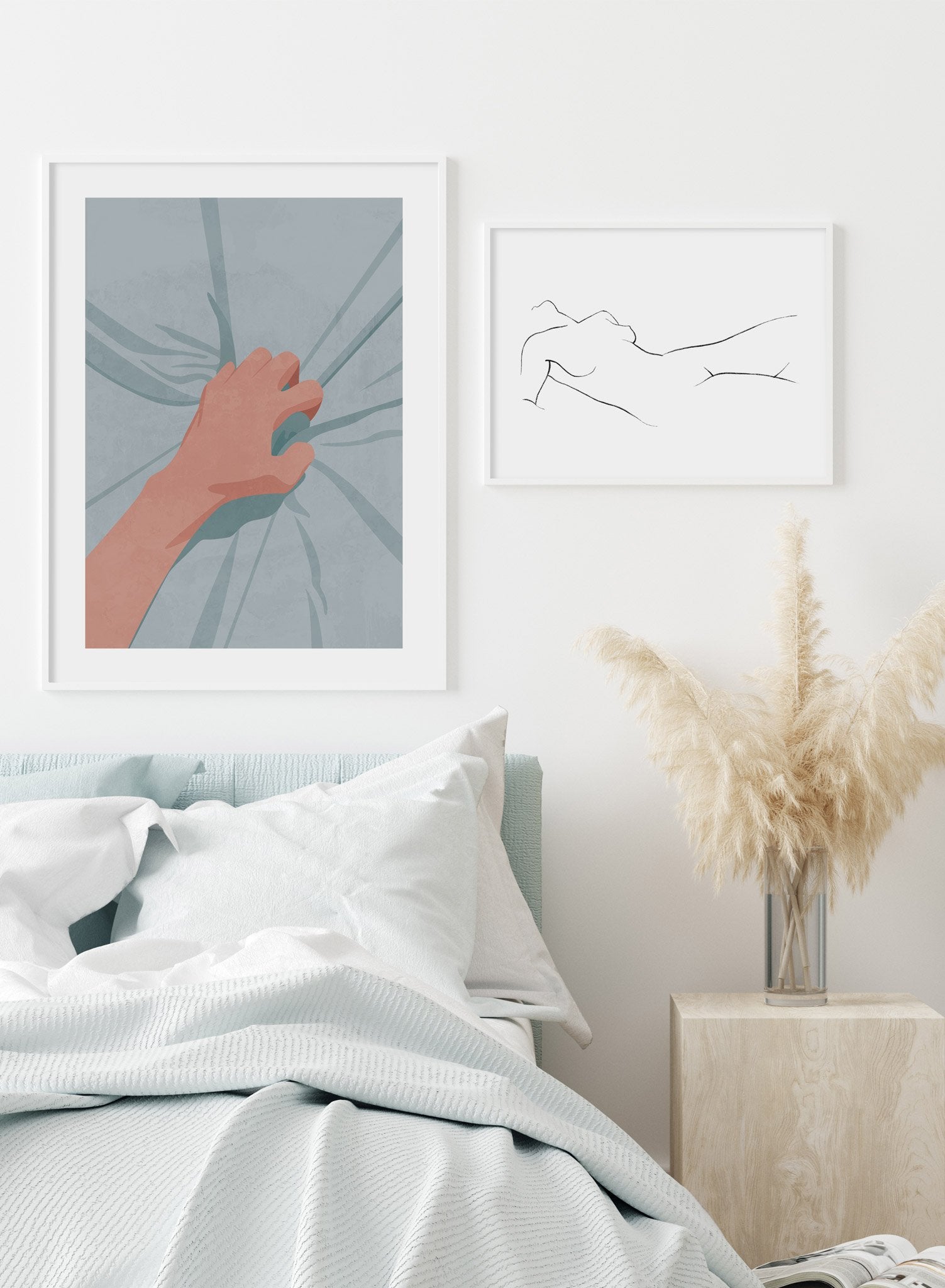 "Spasm" is a minimalist and sensual illustration poster by Opposite Wall of a hand grabbing blue sheets in a moment of orgasmic pleasure. 