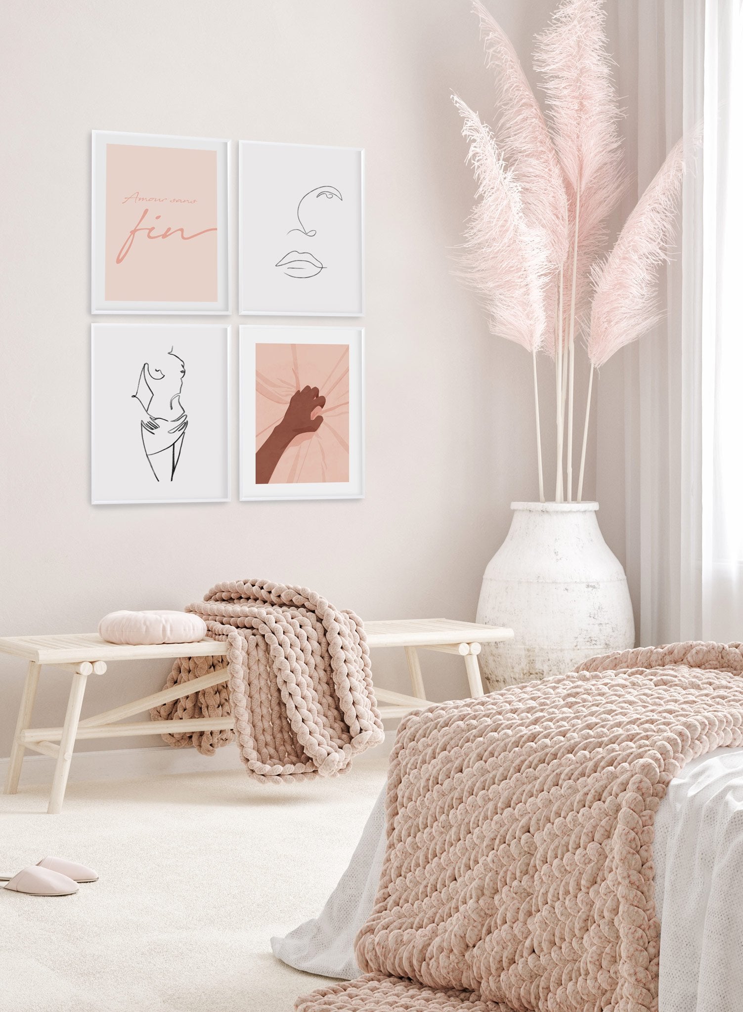 "Spasm in Pink" is a minimalist and sensual illustration poster by Opposite Wall of a hand grabbing pink sheets in a moment of orgasmic pleasure. 