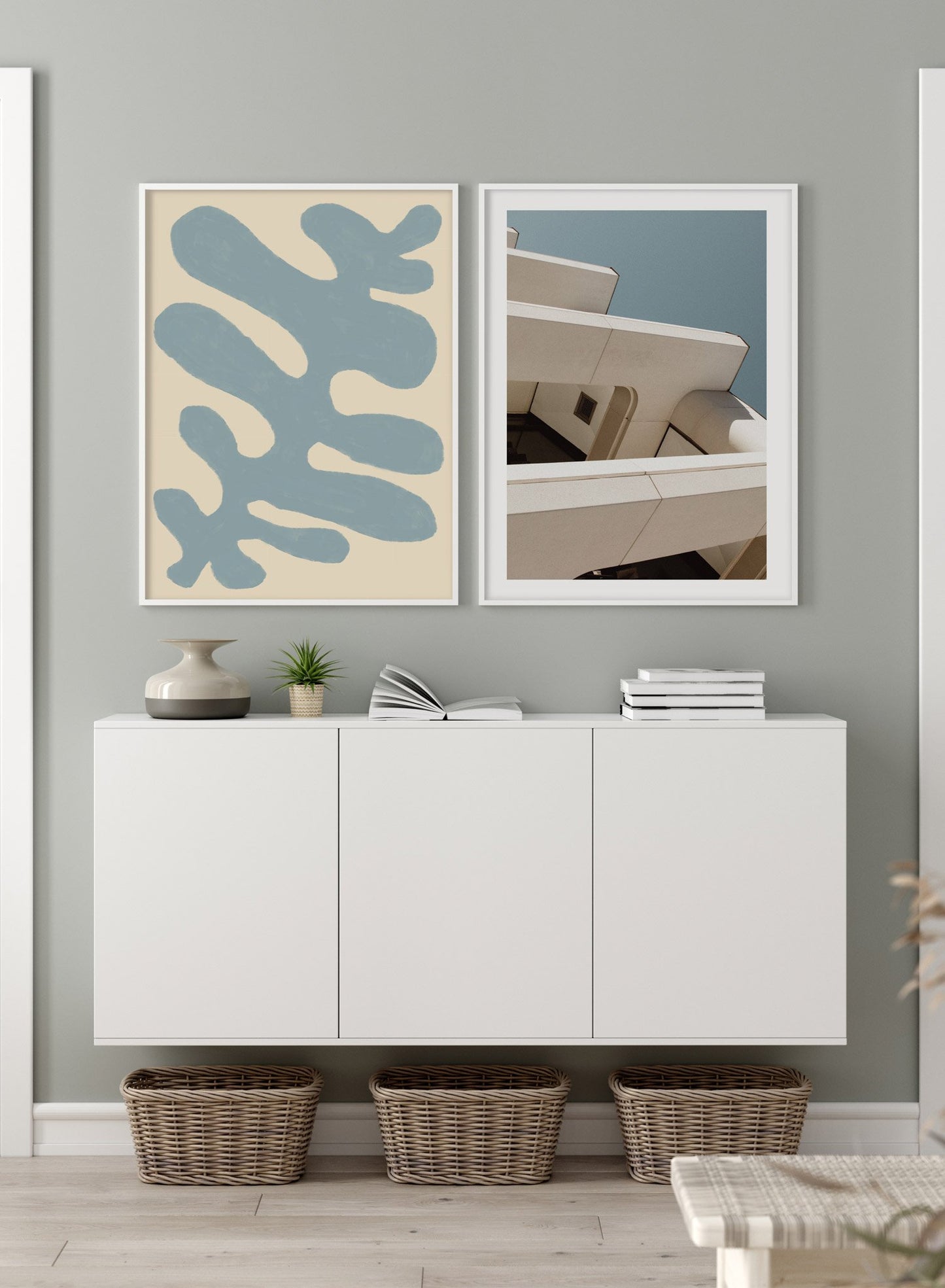 "Blue Algae" is a minimalist  botanical illustration poster by Opposite Wall of an abstract and vintage blue seaweed over a beige background. 