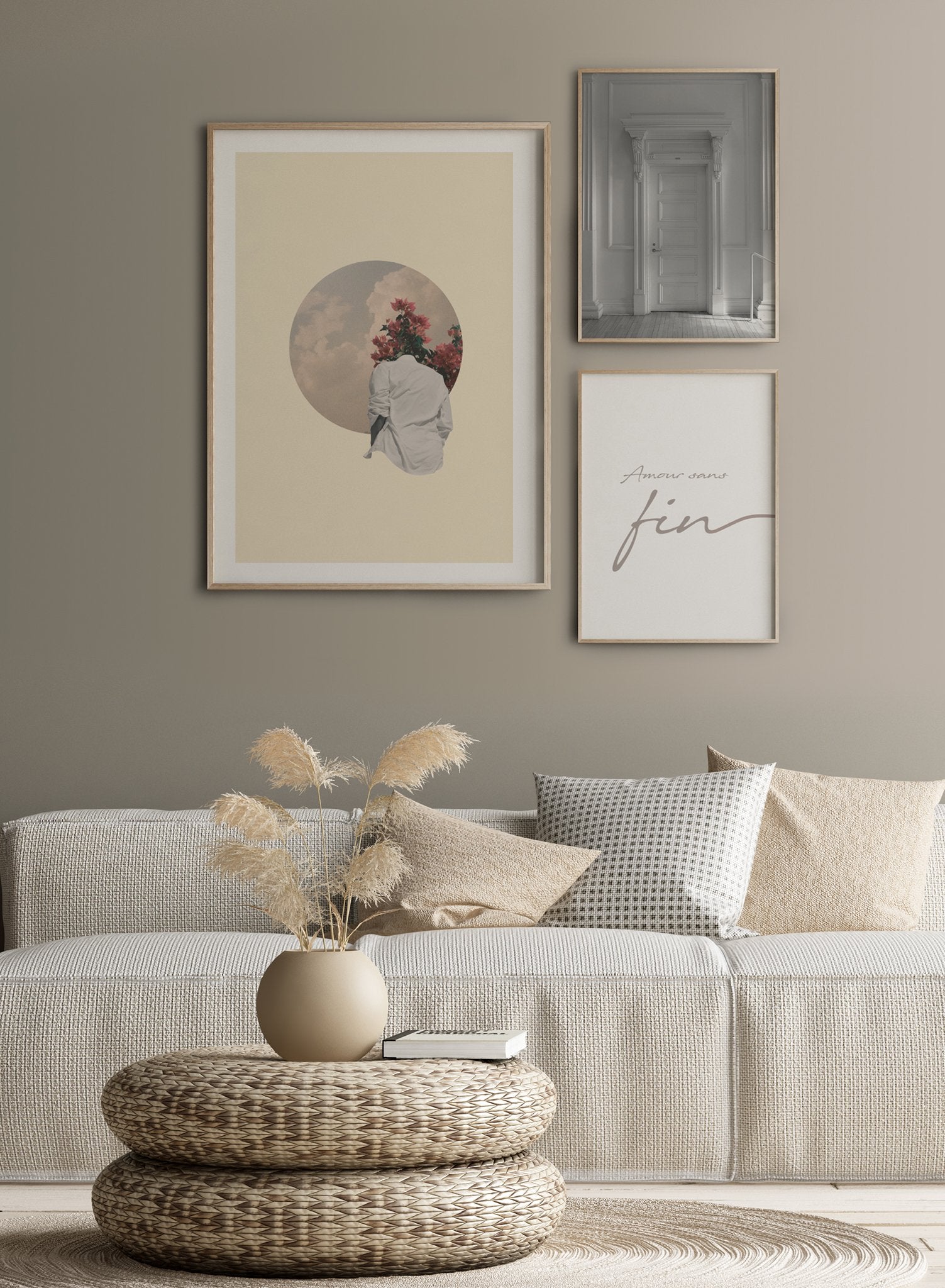 "Cloudy Reverie" is a minimalist beige, blue, fushia and white photo collage poster by Opposite Wall of a cutout floral silhouette looking at a cloudy sky cutout over a beige background.