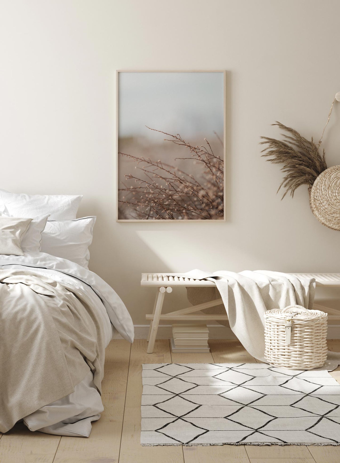 "Burgeoning Branches" is a botanical photography poster by Opposite Wall of delicate brown branches with small blooming buds.