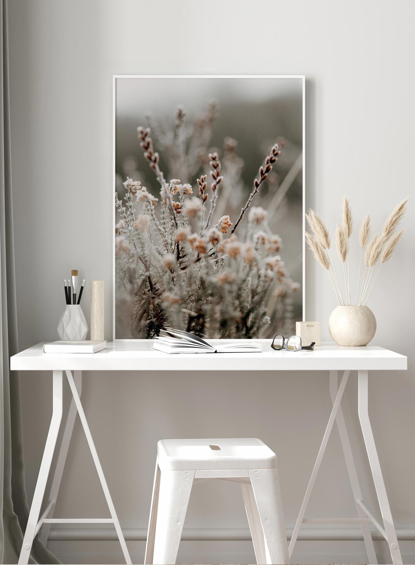 "Crisp Blossom" is a botanical photography poster by Opposite Wall of icy flowers and branches in shades of red and brown in a winter setting.