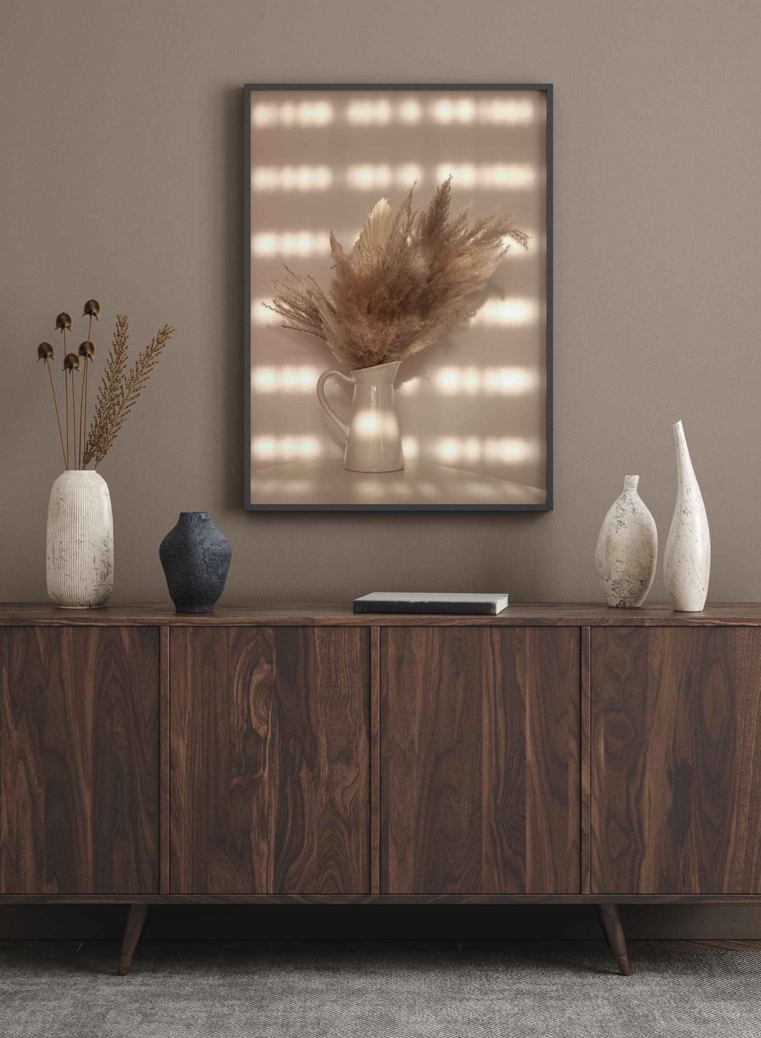 "Radiant Arrangement" is a botanical photography poster by Opposite Wall of a golden dried pampas bouquet in a white vase bathed in sunlight.