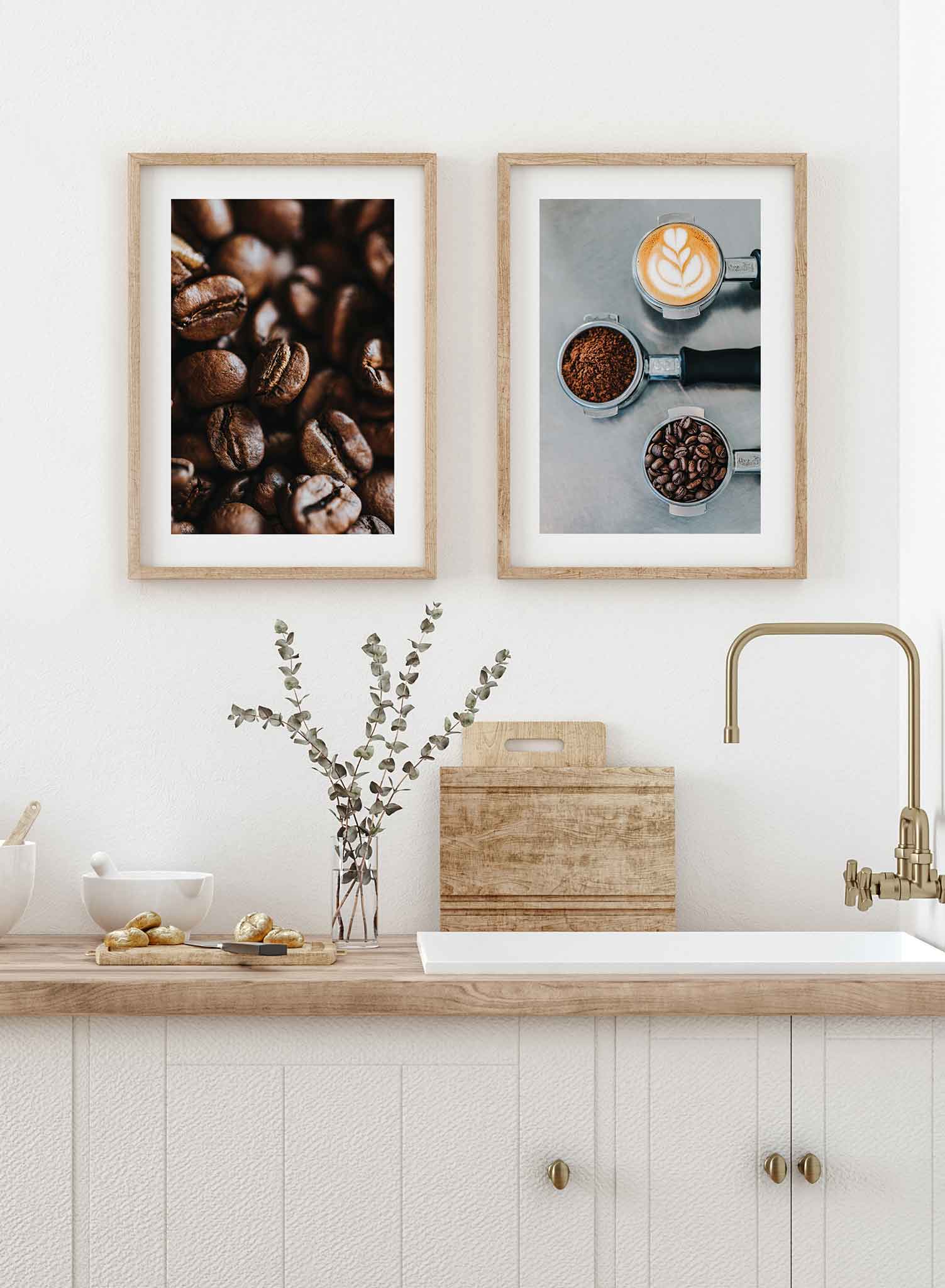 Three Step Masterpiece is a photography of coffee machine handles filled with whole espresso beans, ground coffee and a latte art by Opposite Wall. 