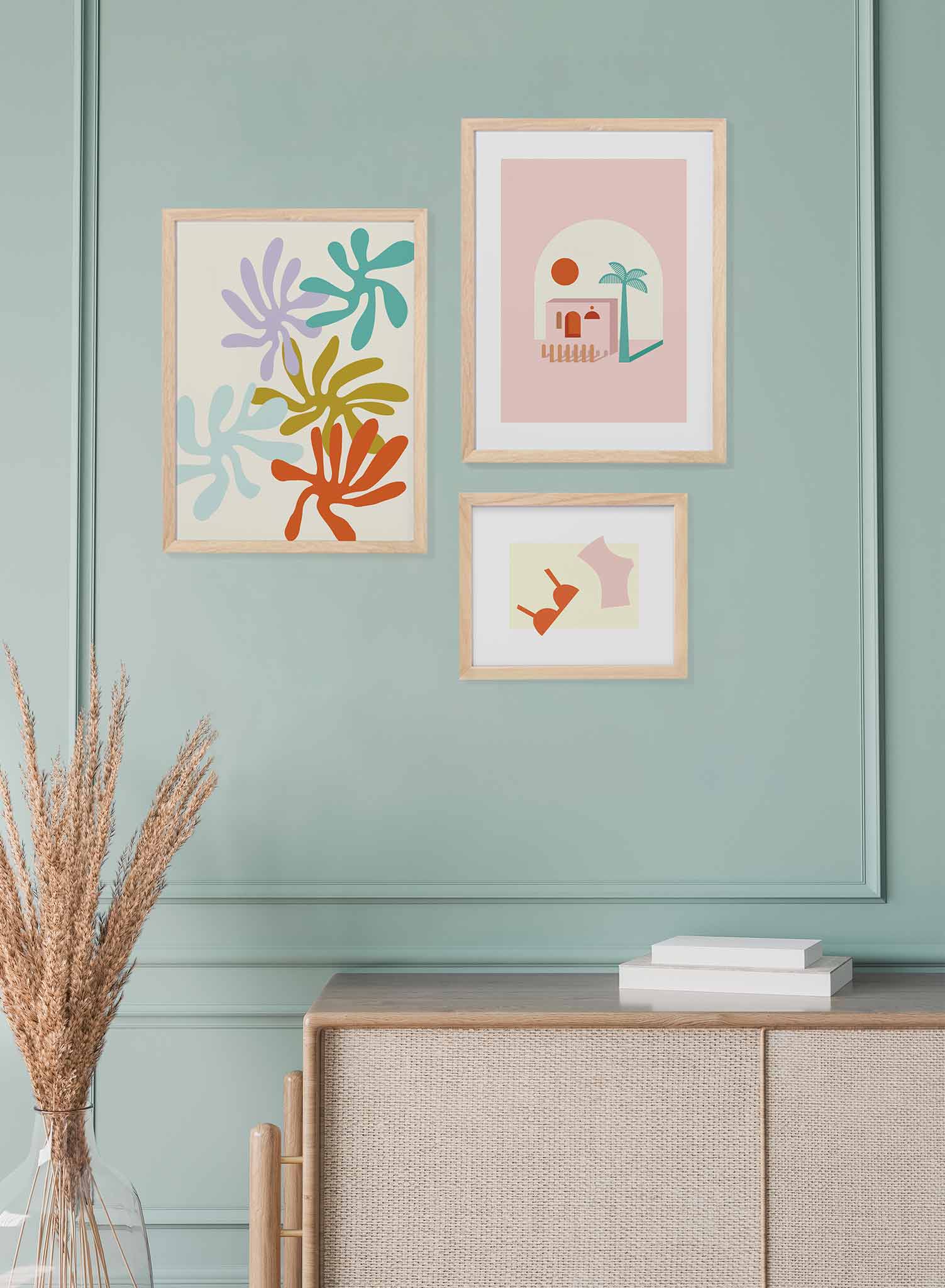 A Place in the Sun is a minimalist illustration poster of a pink beach house by Opposite Wall.