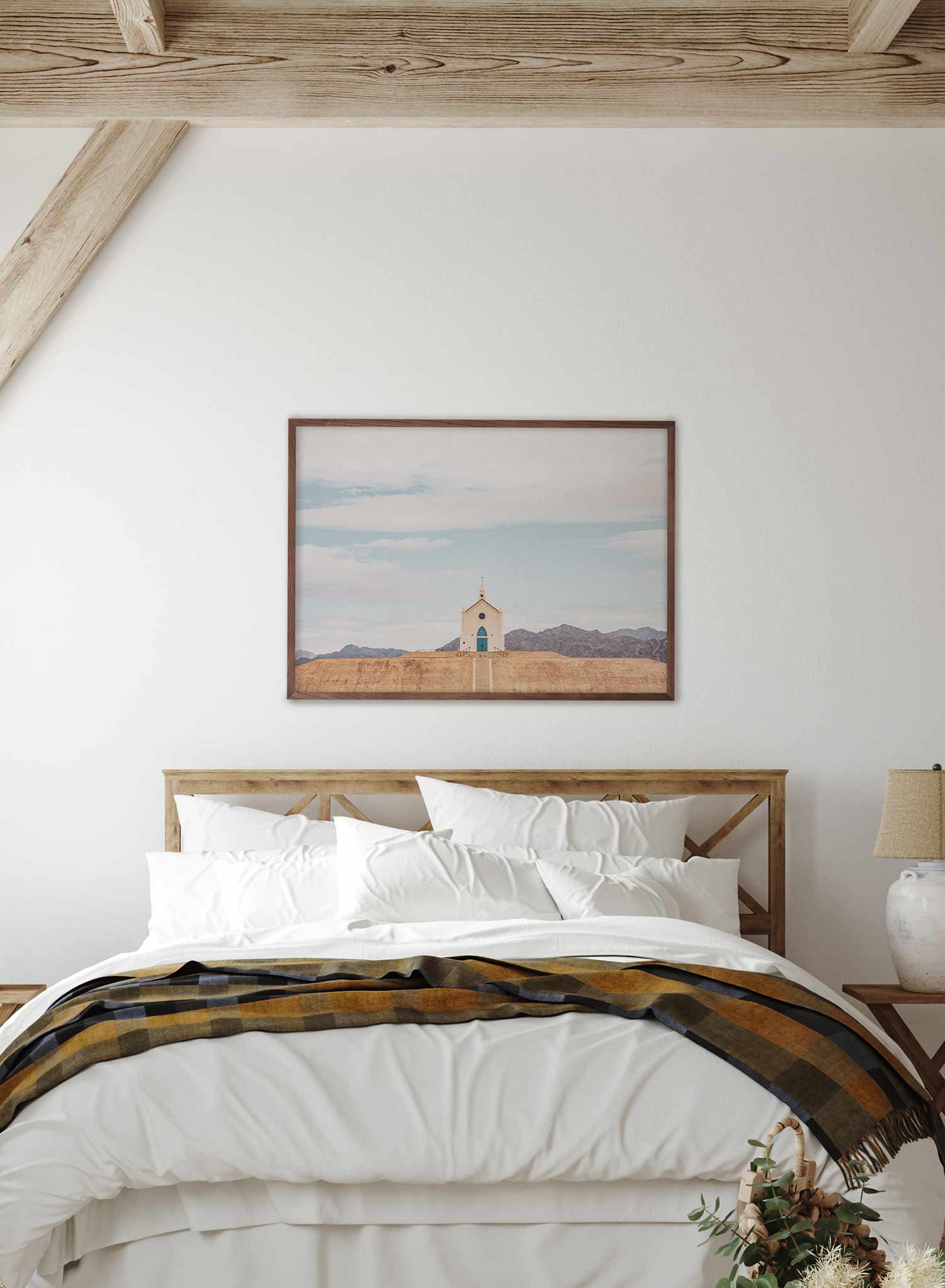 Upstairs is a photography poster of a quaint rustic chapel by Opposite Wall.