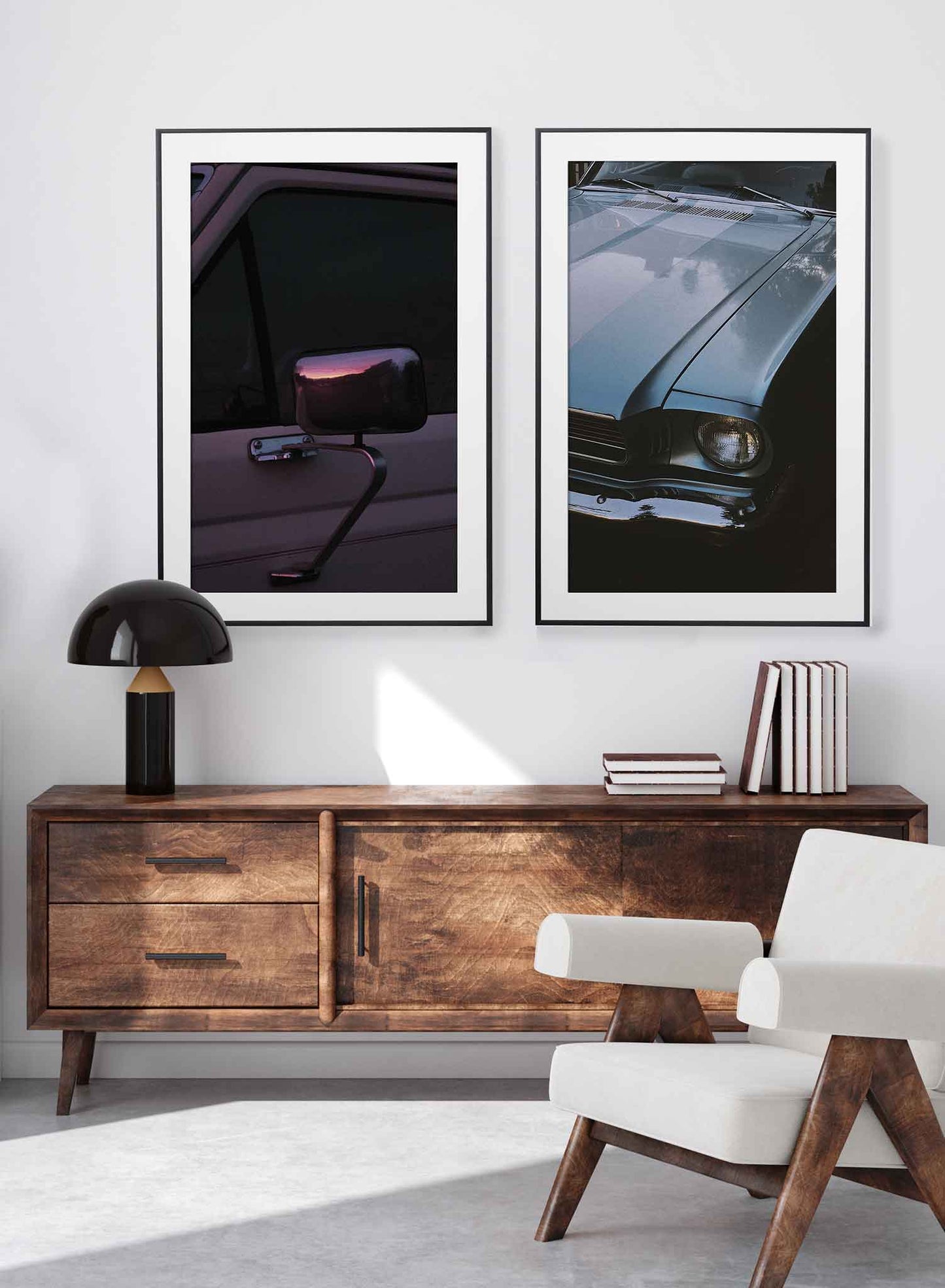 Rearview Sunset is a photography poster of a sunset reflecting on the rearview mirror of a retro car by Opposite Wall.