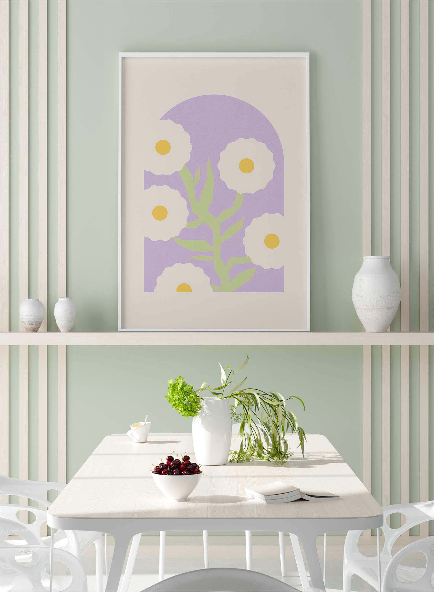 Cheery Blooms is a vector illustration of five tripod flowers facing the observer like bright film lights by Opposite Wall.