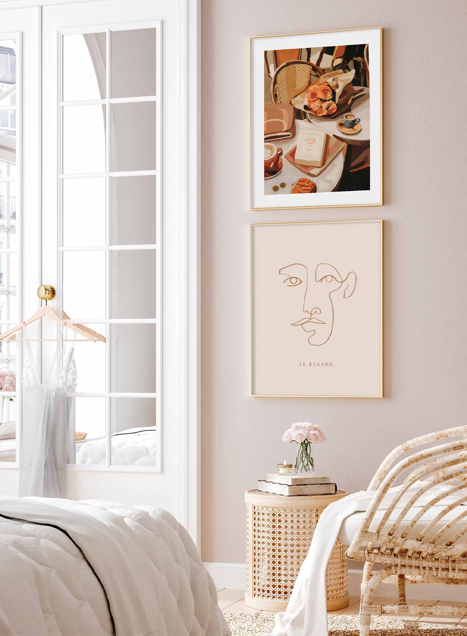 Parisian Terrace is an illustration of a busy Parisian terrace with coffee cups, a bouquet of flowers, and a book on a table by Audrey Rivet in collaboration with Opposite Wall.