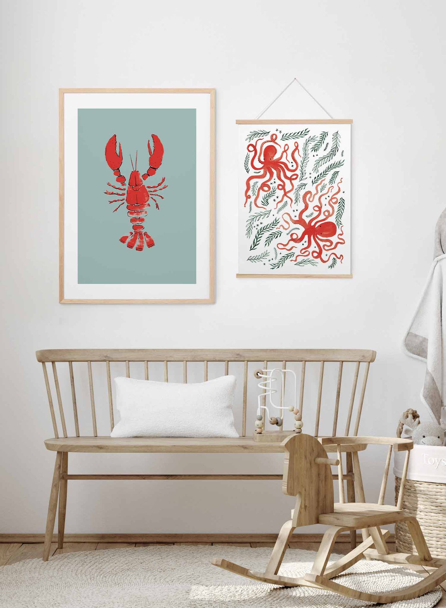 Hello Lobster is a minimalist illustration of a red lobster laid down to show all its creases by Opposite Wall.