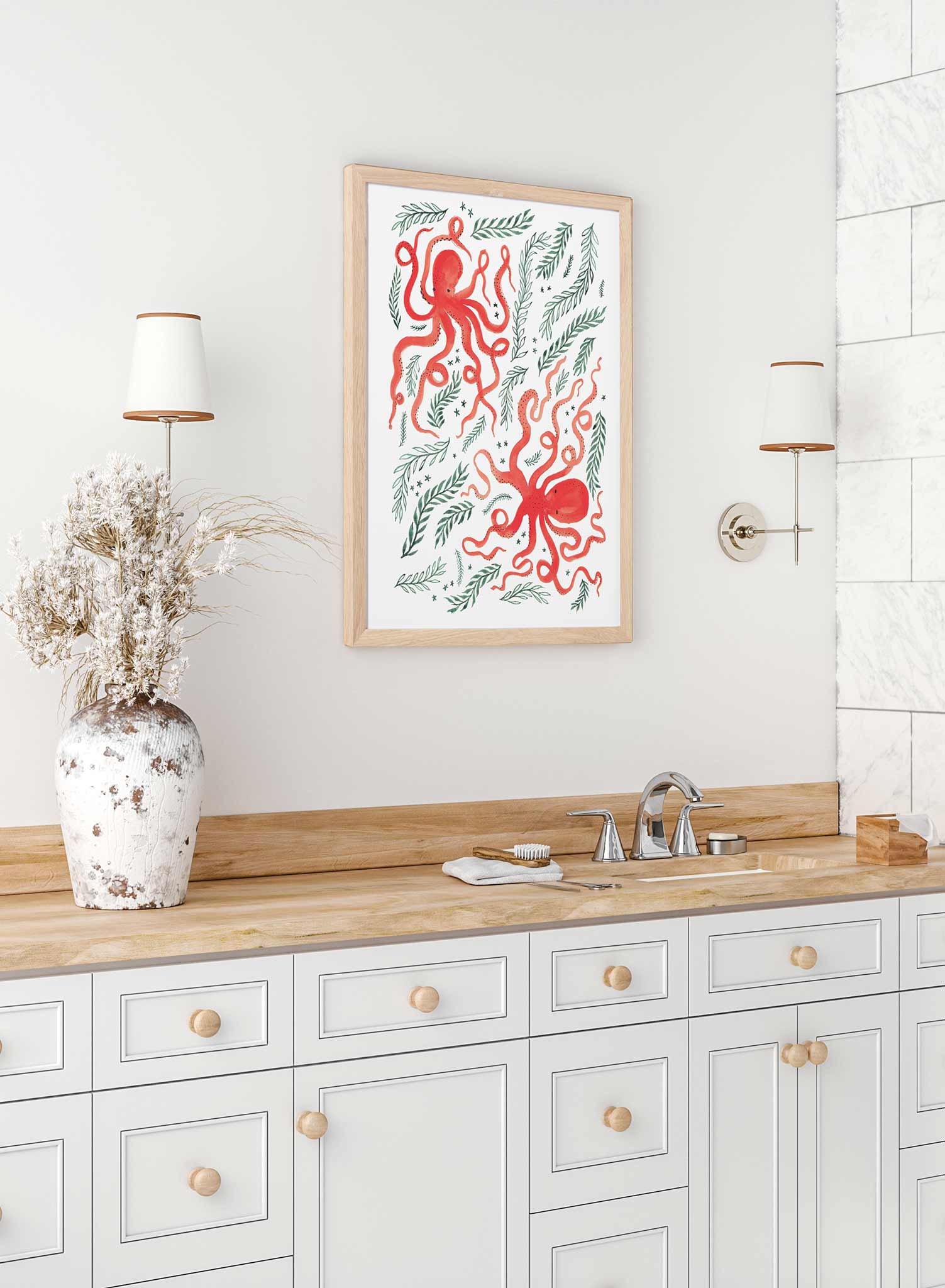 Octopus Duo is a minimalist illustration of two red octopus having a blast in the water while surrounded by seaweed by Opposite Wall.